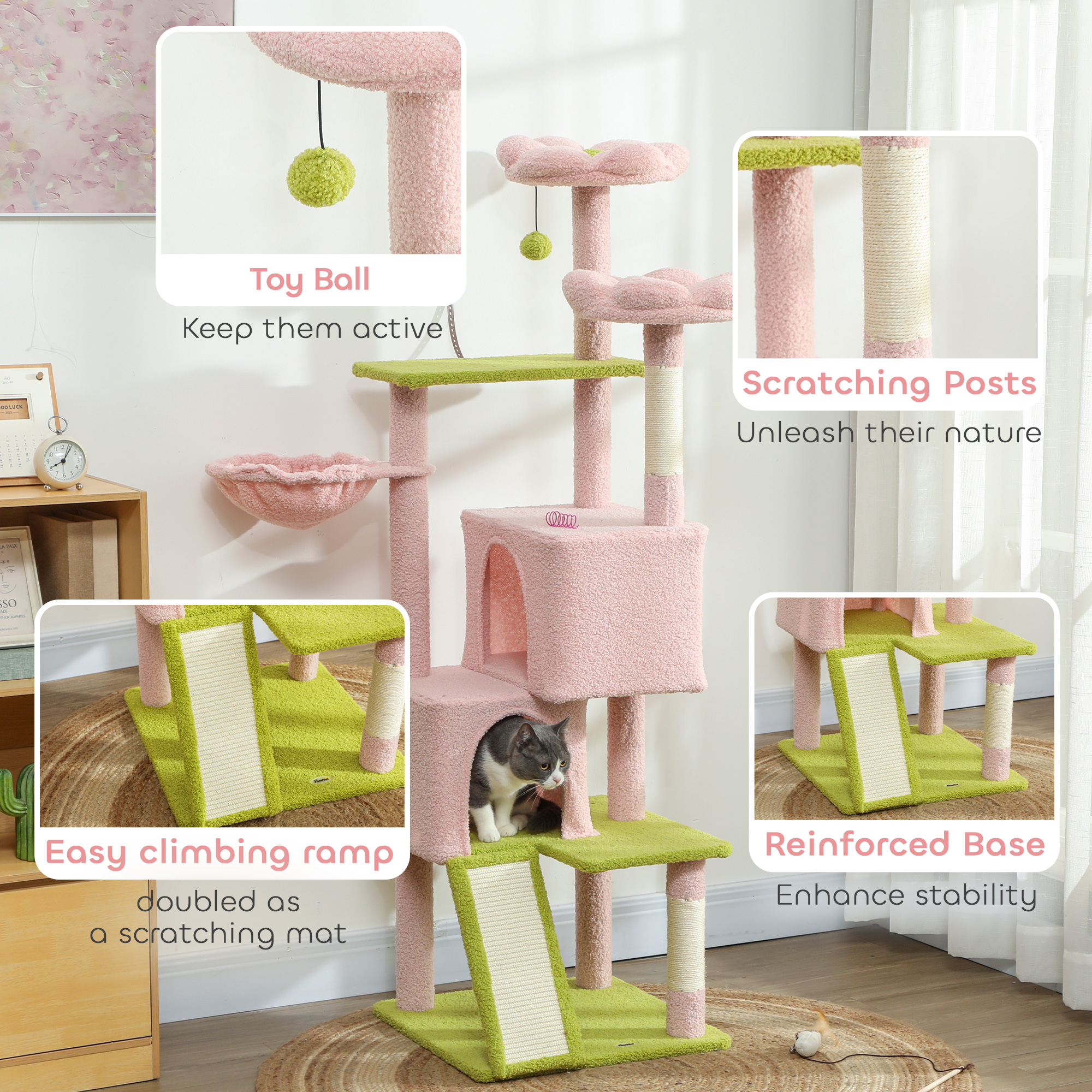 Flower Cat Tree with Sisal Scratching Posts, Multi-Level Cat Tower, Pink