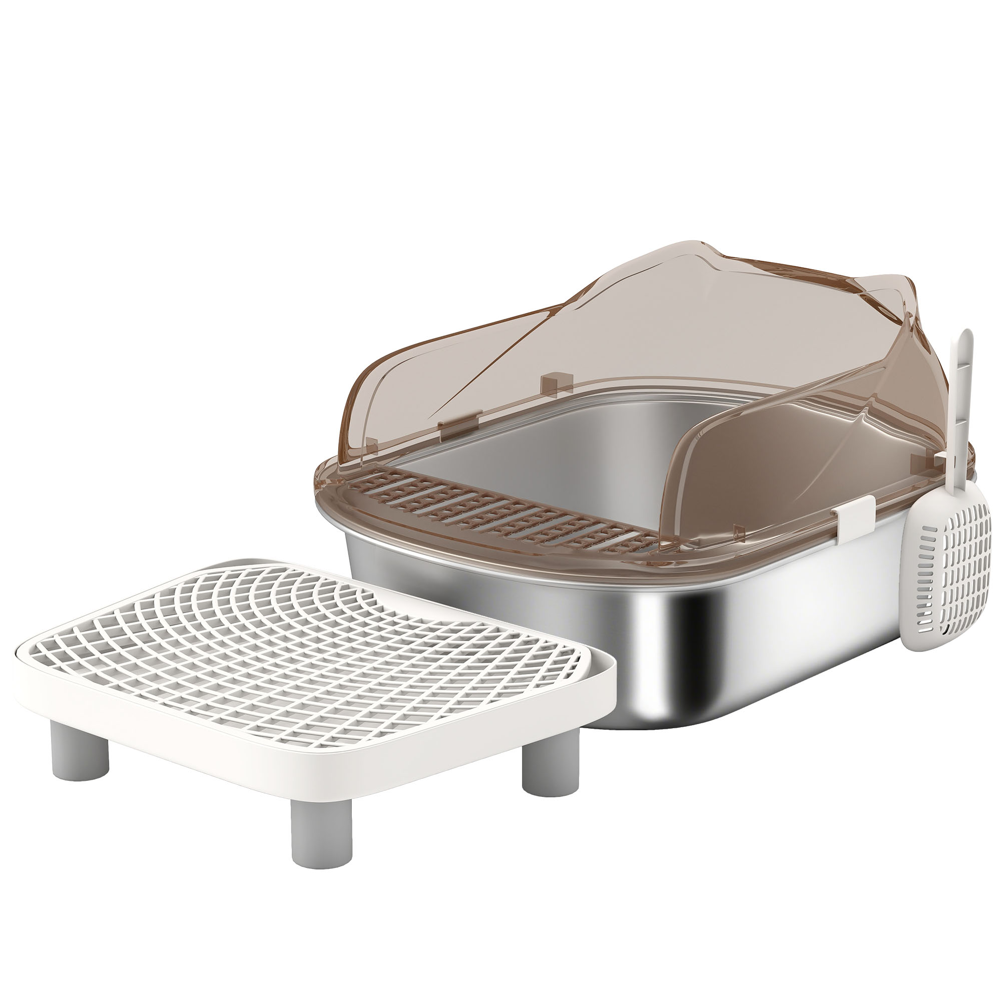 Stainless Steel Cat Litter Box with High Sided Enclosure, Step, Scoop, Non-Sticky & Anti-Urine Leakage, Easy Cleaning