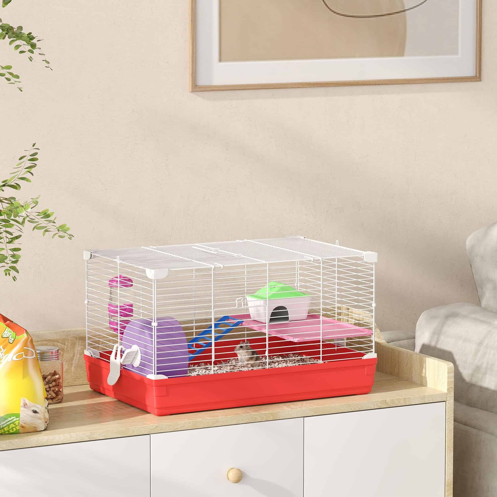 18.5'' Hamster Cage with Exercise Wheel and Water Bottle Dishes, Rat House and Habitats 2 Storey Design, Red