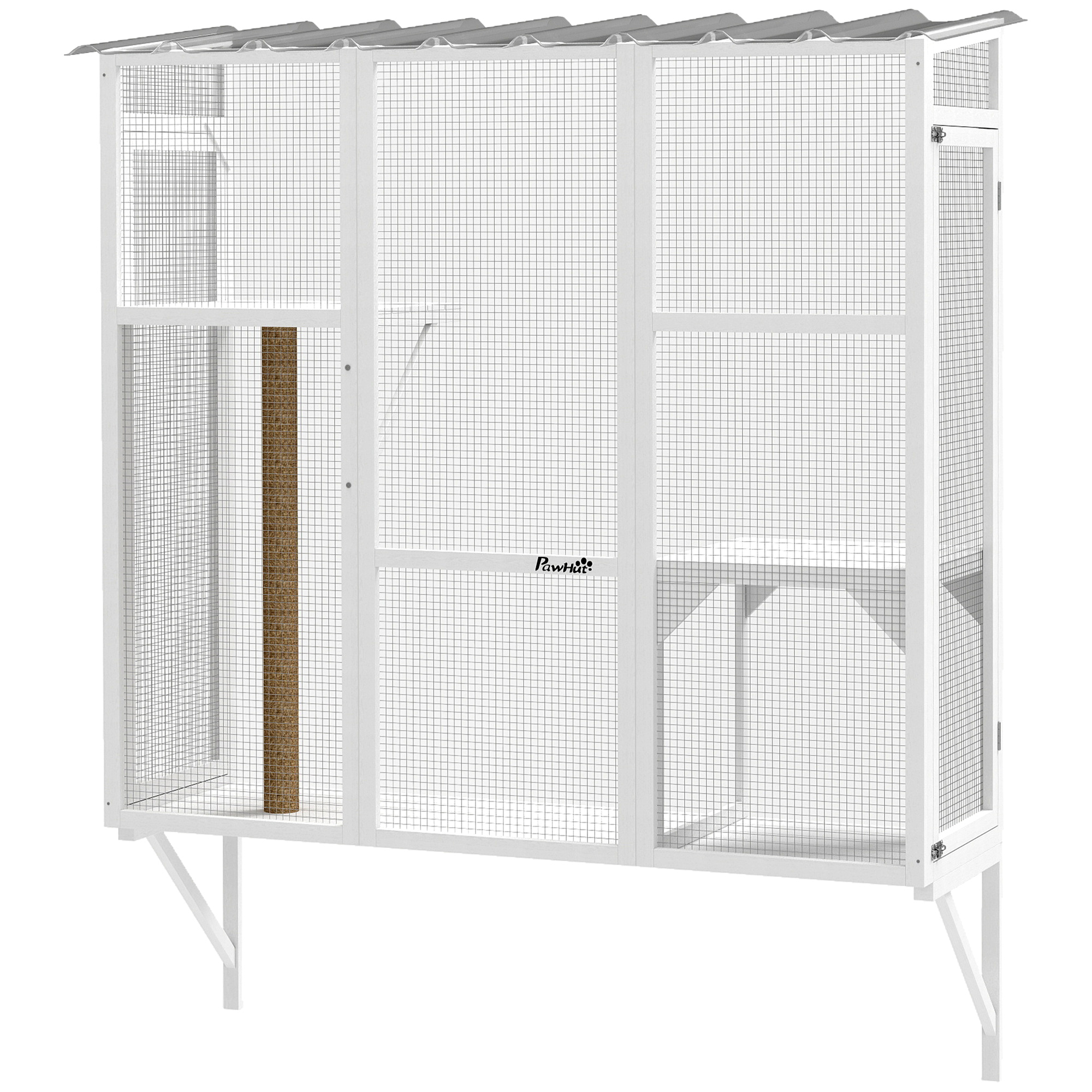 Wooden Catio Outdoor, Cat Window Box Enclosure for 2-3 Large Cats with 2 Jumping Platforms & Scratching Post, White
