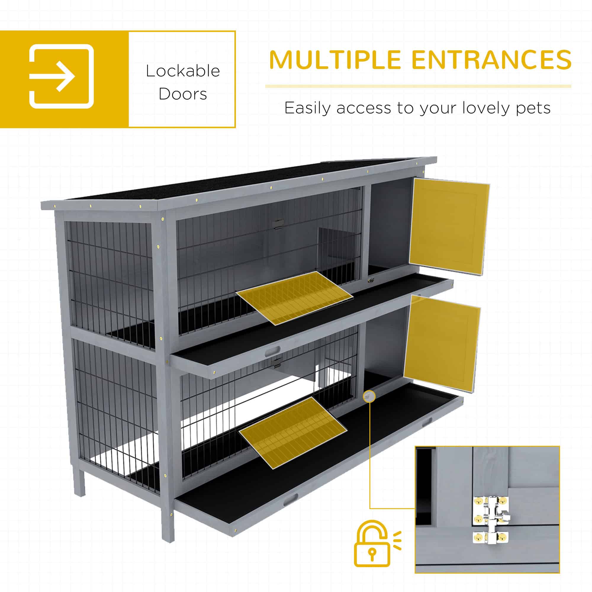 2 Tier Wooden Rabbit Hutch Bunny Pet House Wooden Coop Run, Grey - Image 5