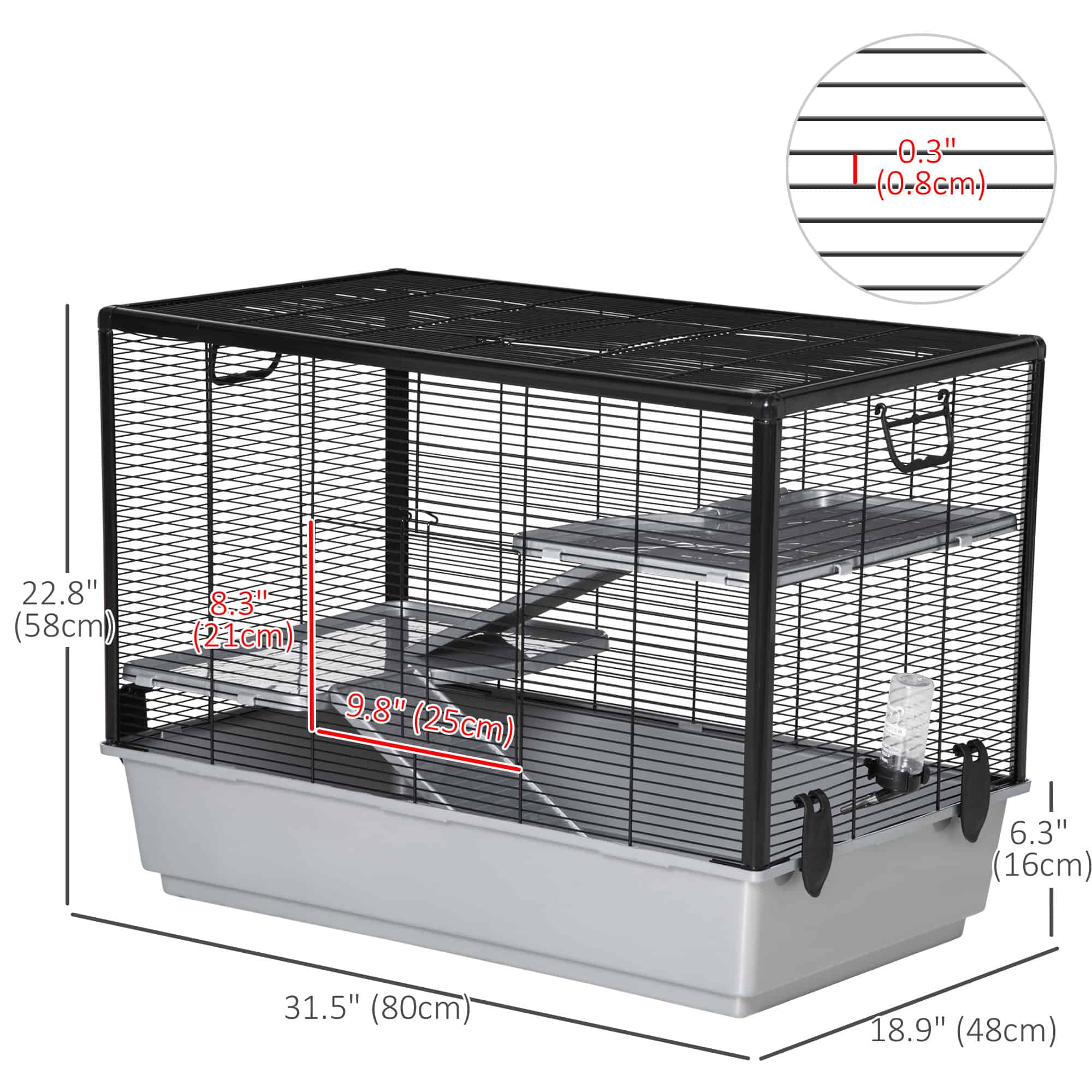 3-tier Hamster Cage, Guinea Pig Cage with Accessories Food Dish Water Bottle, Ramps, 31.5"x19"x 23", Grey