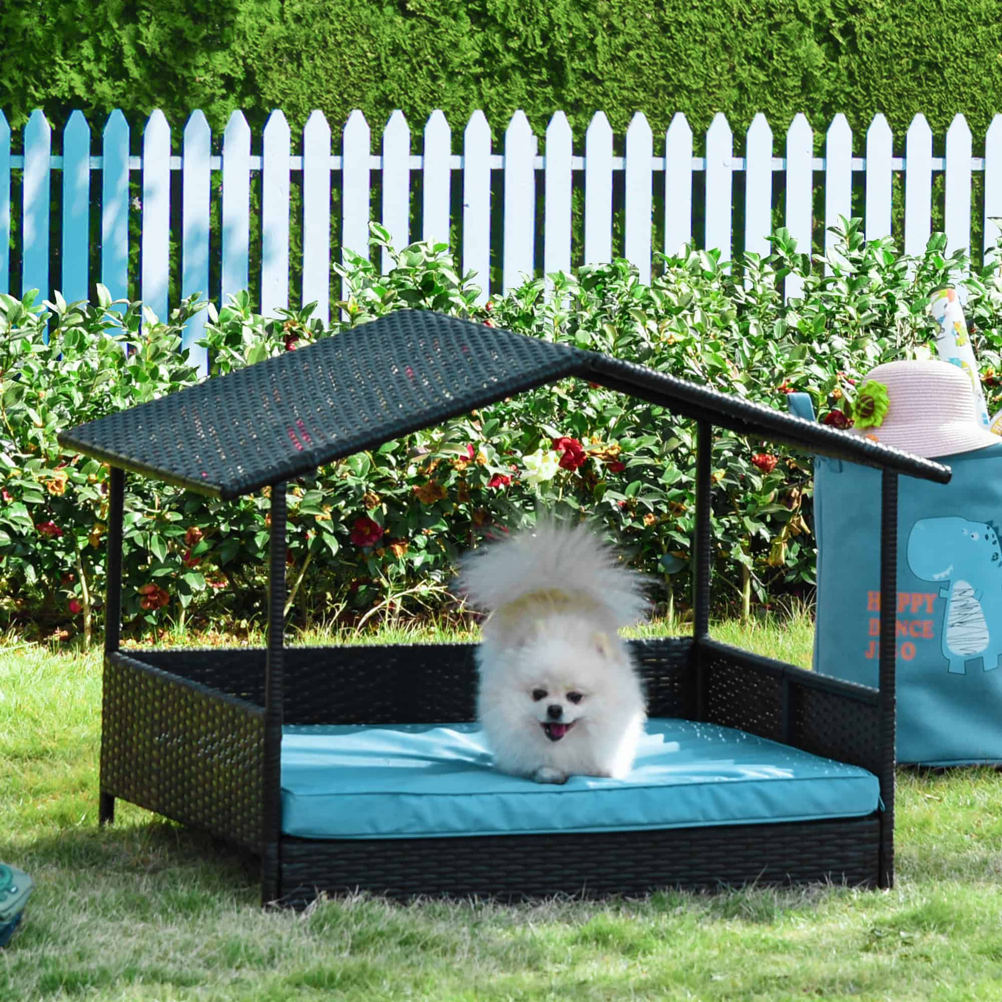 Rattan Dog House with Canopy, Wicker Dog Bed with Water-Resistant Cushion, for Small and Medium Breeds Blue