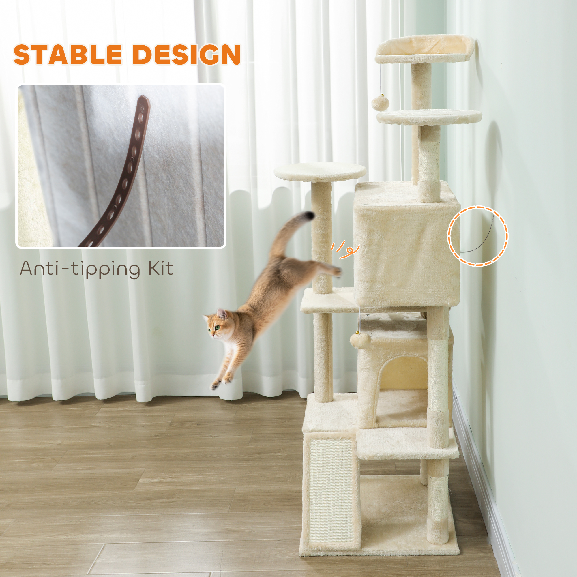 63" Cat Tree, Multi-Level Cat Tower with Scratching Posts, Cat Condos, Bed, Platforms, Ramp, Toy Ball, Cream White