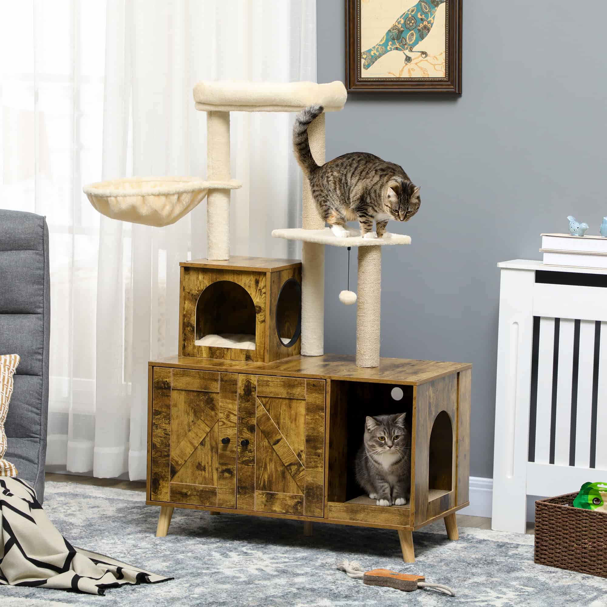 Litter Box Enclosure with Cat Tree Tower, Hidden Cat Washroom Furniture with Condo, Scratching Posts, Large Platform, Hammock and Soft Cushion, Rustic Brown