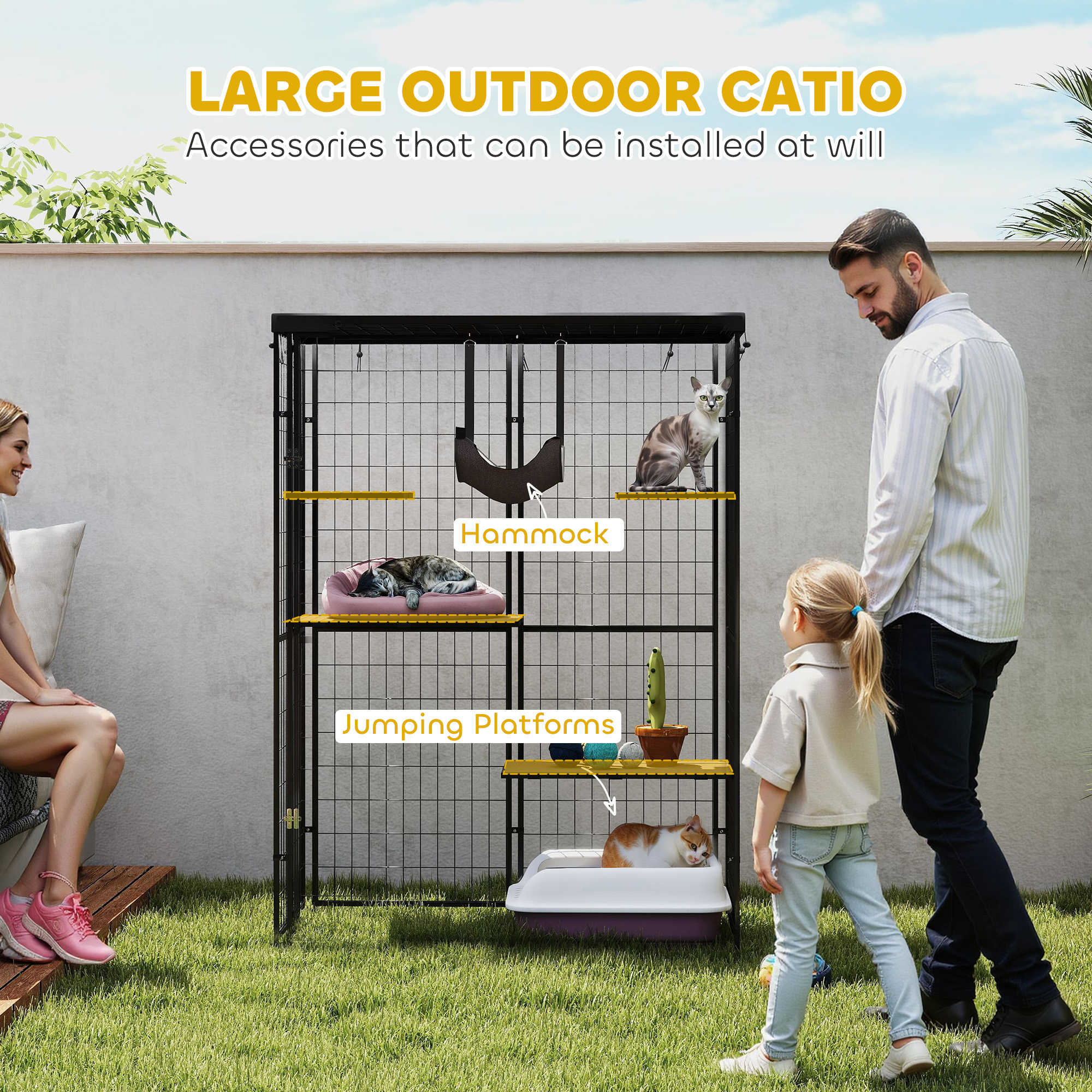 Metal Cat Cage with Waterproof Cover, 4 Platforms, Hammock, Washable Cushions for 1-3 Kittens, 46.5" x 22" x 62", Black