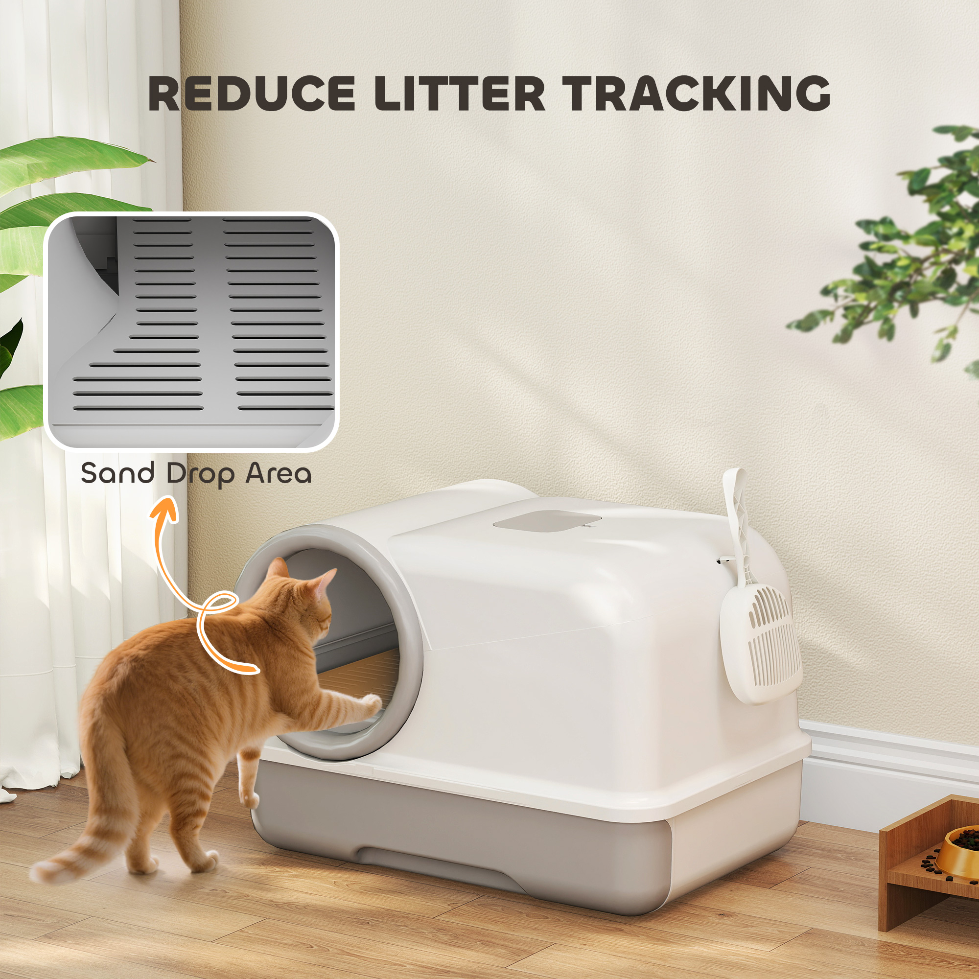 Cat Litter Box Easy Clean Drawer Odor Control Hooded Cat Litter Tray with Scoop White and Grey