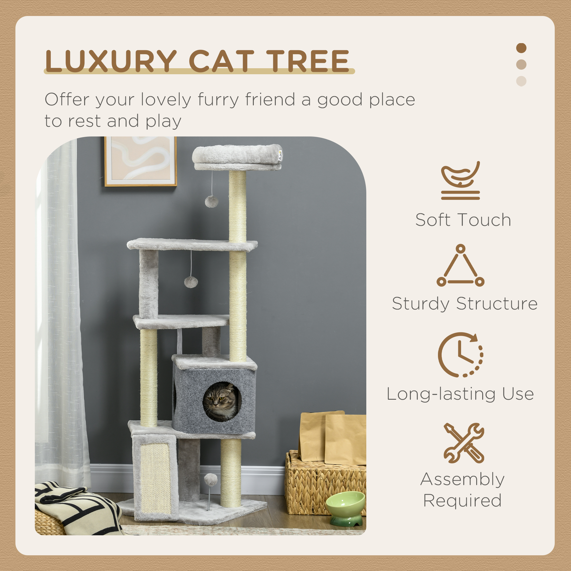 57.5" Cat Tree with Scratching Posts, Large Cat Tower for Indoor Cats with Bed, House, Toys, Grey