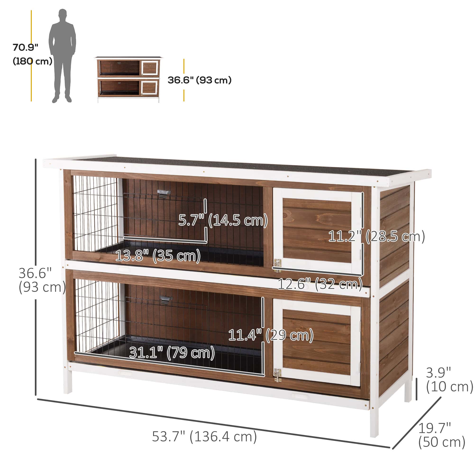 2 Tier Wooden Rabbit Hutch Bunny Pet House Wooden Coop Run, Brown
