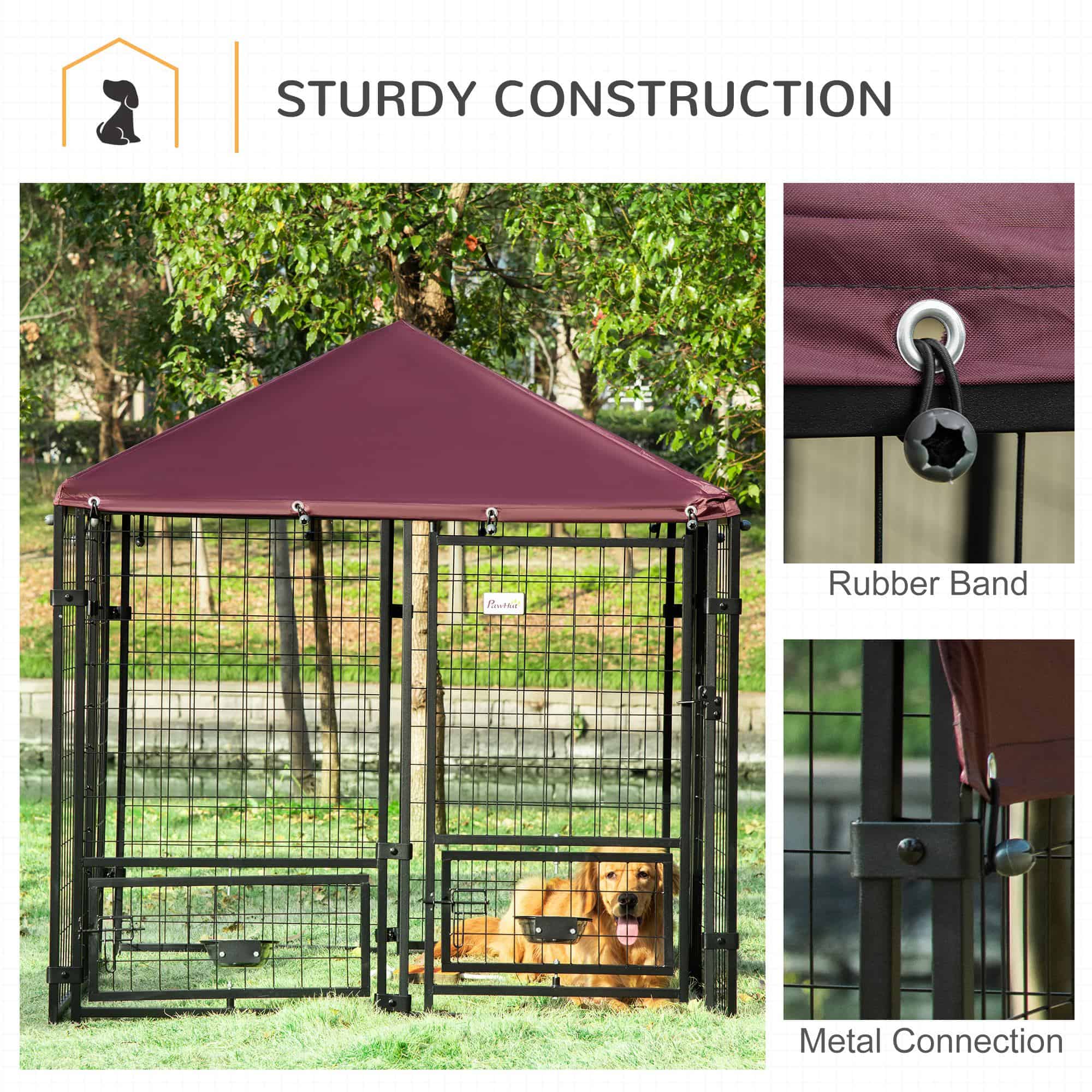 Outdoor Dog Kennel, Lockable Pet Playpen Crate, Welded Wire Steel Fence, Rotating Bowl Holders, Red
