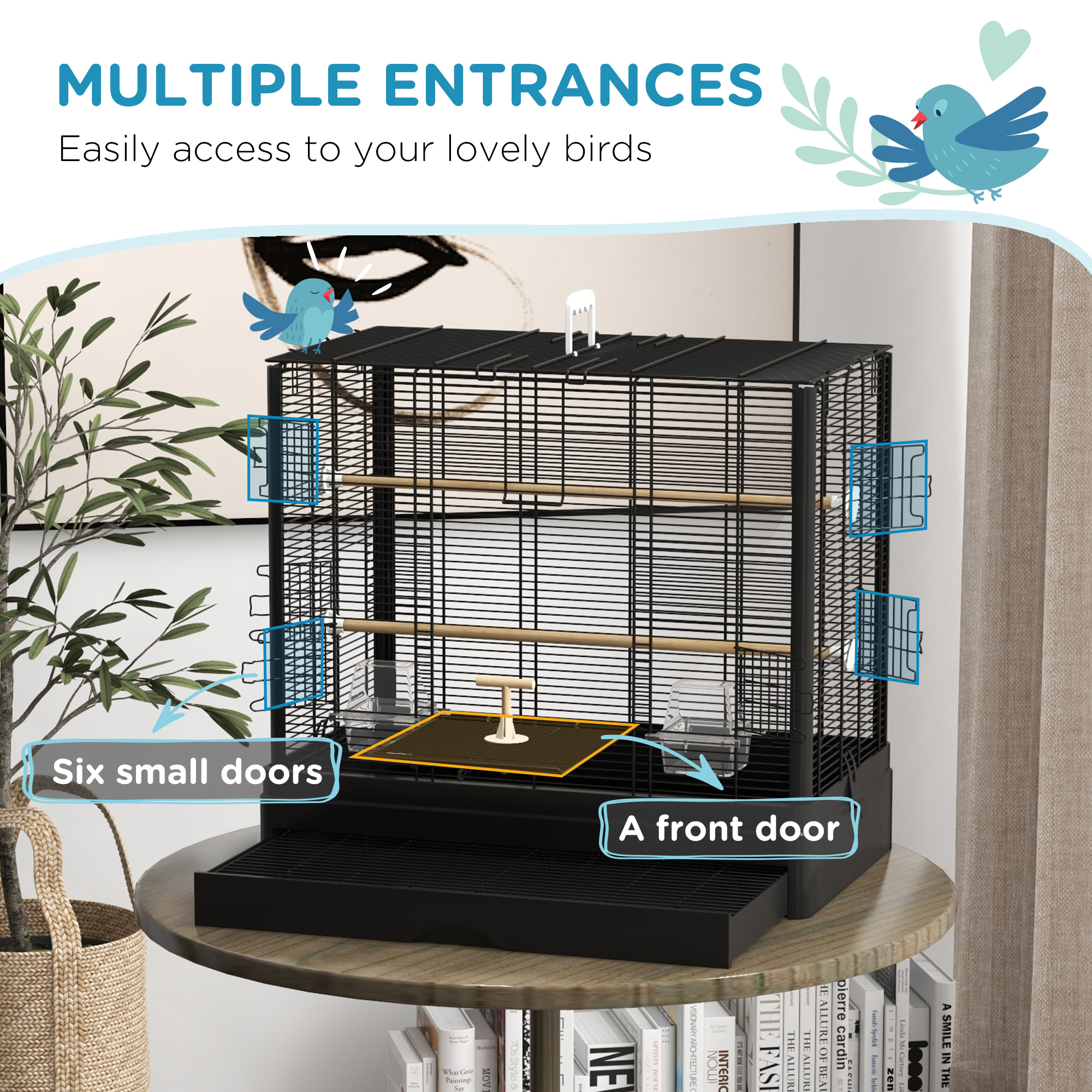 22" Bird Cage for Budgie Finches Canaries Love Birds with Wooden Stands, Slide-Out Tray, Handles, Food Containers, Black