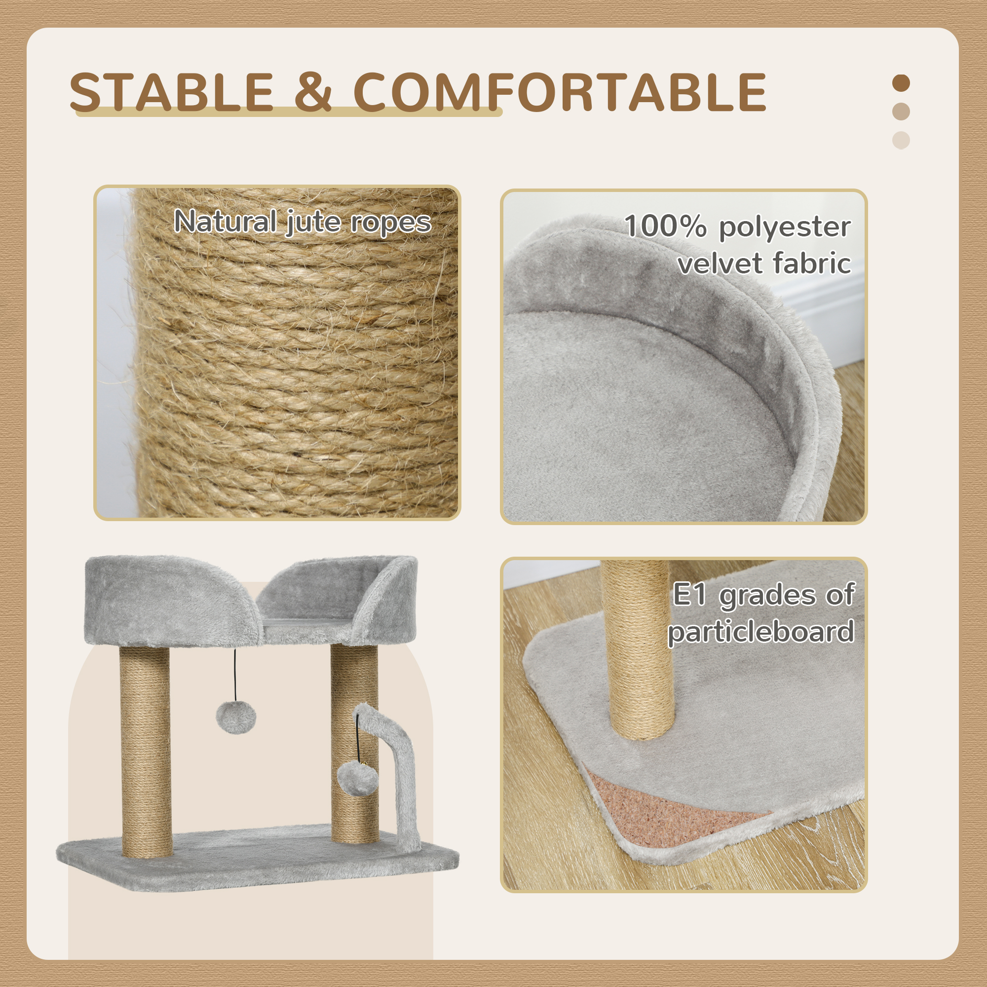 Cat Tower Condo for Indoor Cats, Small Cat Tree with Jute Scratching Posts, Top Perch, Dangling Balls, Light Grey - Image 4