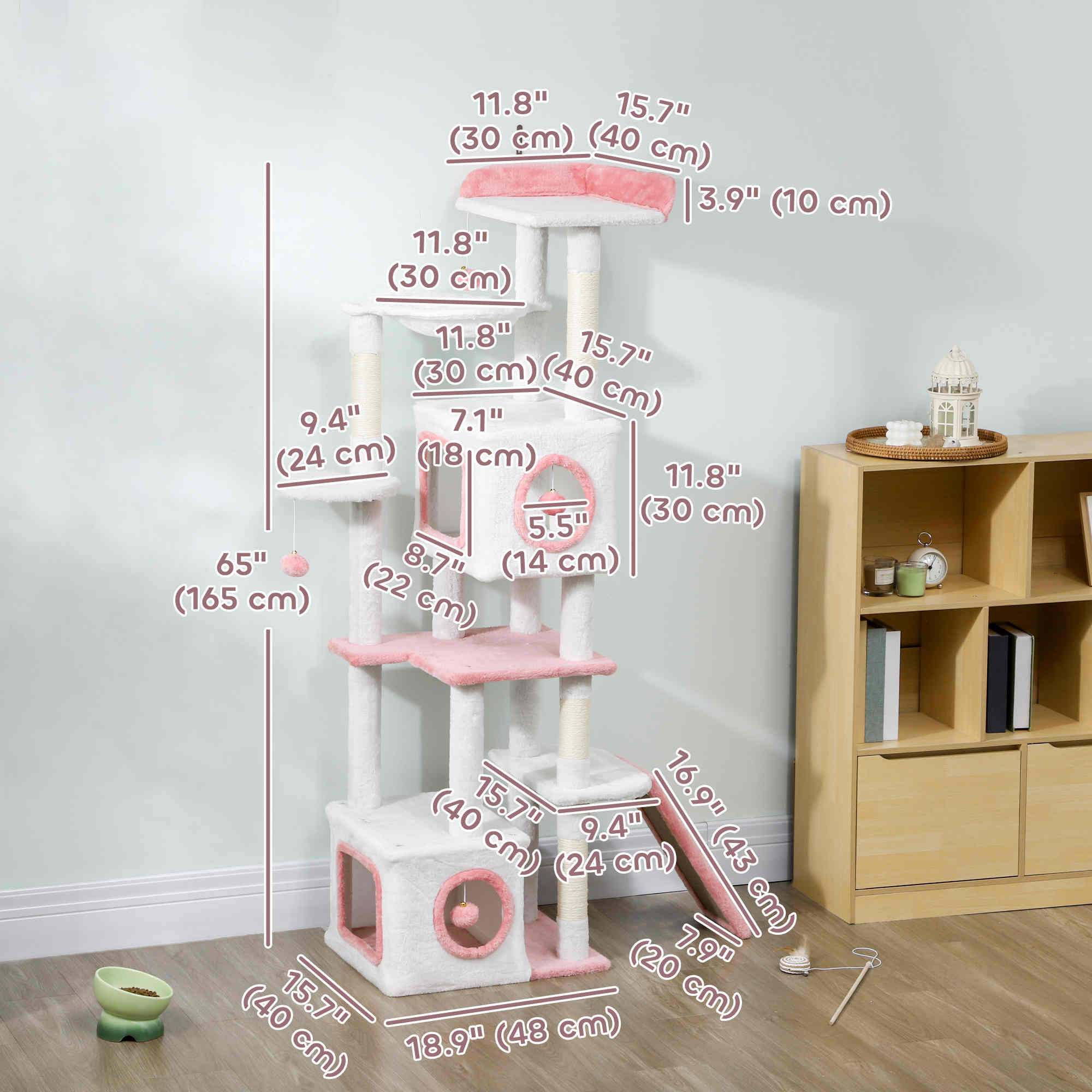 65 Inch Cat Tree with 2 Doors Condos, Plush Top Perch, Hammock, Sisal Scratching Posts, 4 Pompoms, Ramp, White