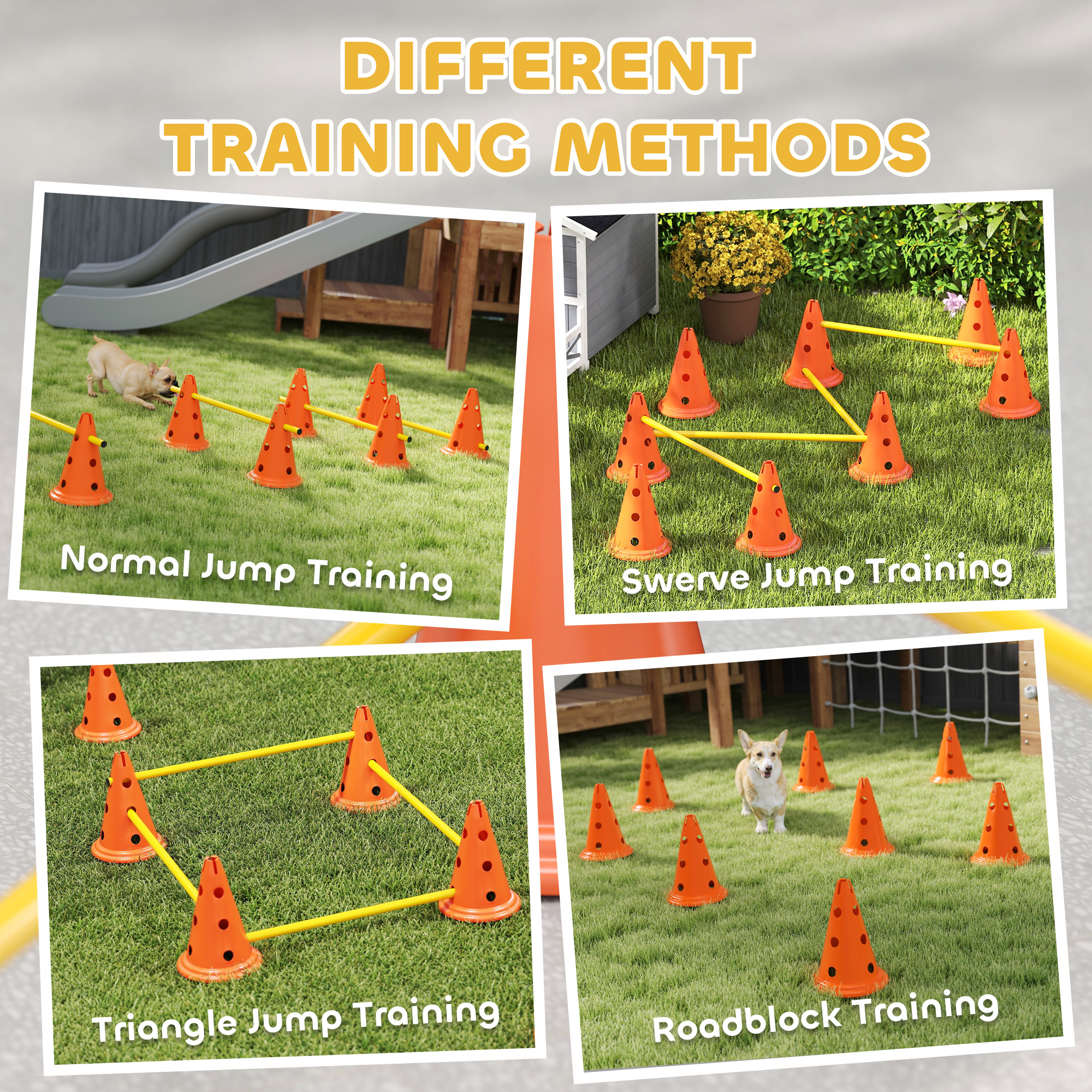Dog Agility Hurdle Cone Set, Adjustable Obstacle Course Equipment with 8 Cones & 8 Poles, Carry Bag, Orange