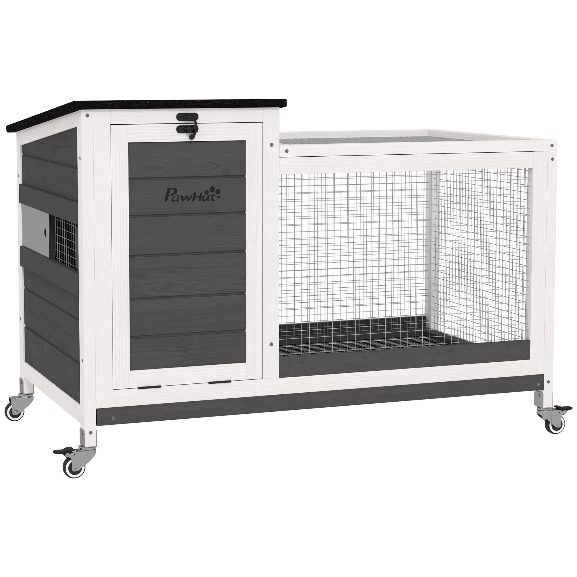 Wooden Rabbit Hutch with Pull-Out Tray, Asphalt Openable Roof, Small Animal Cage on Wheels with Run, Grey