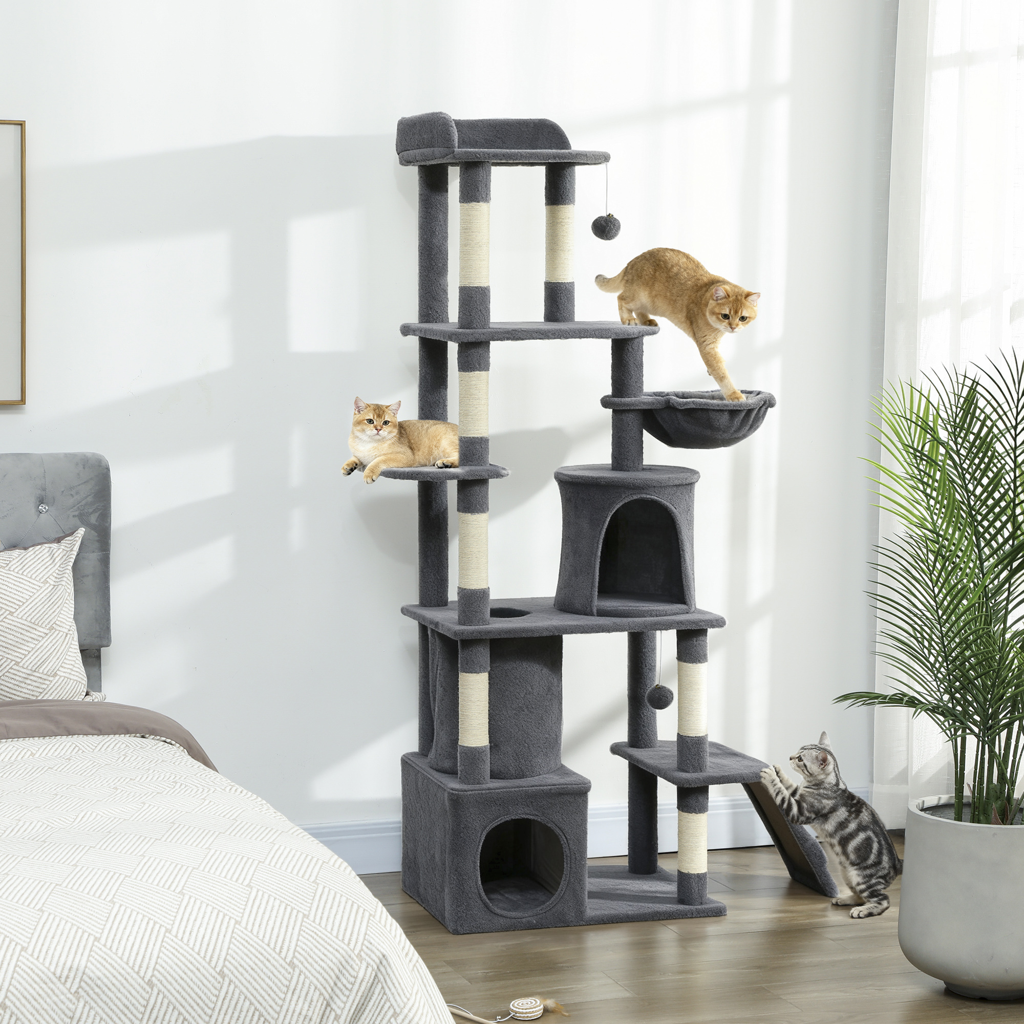 67" Large Cat Tree with 7 Scratching Posts, Tunnel, 2 Condos, Hammock, Perch, Ramp, Pompoms, Dark Grey - Image 8