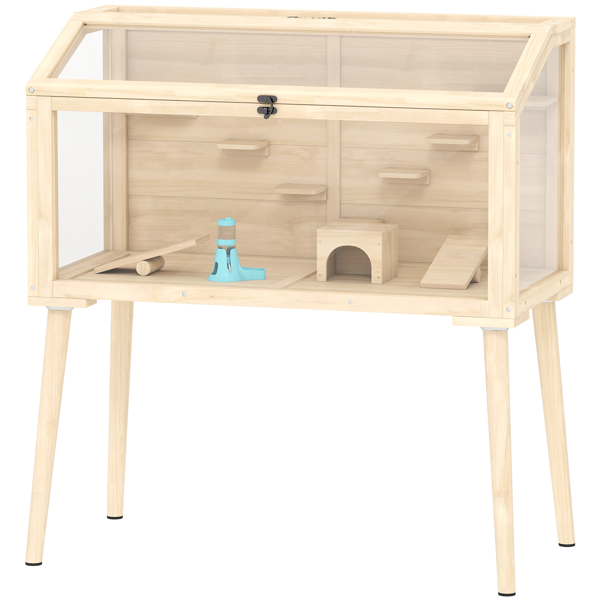 Wooden Hamster Cage, Hamster Habitat with Openable Top, Seesaws, Platforms, Water Bottle for Gerbils, 43.3"x20.5"x39.8"