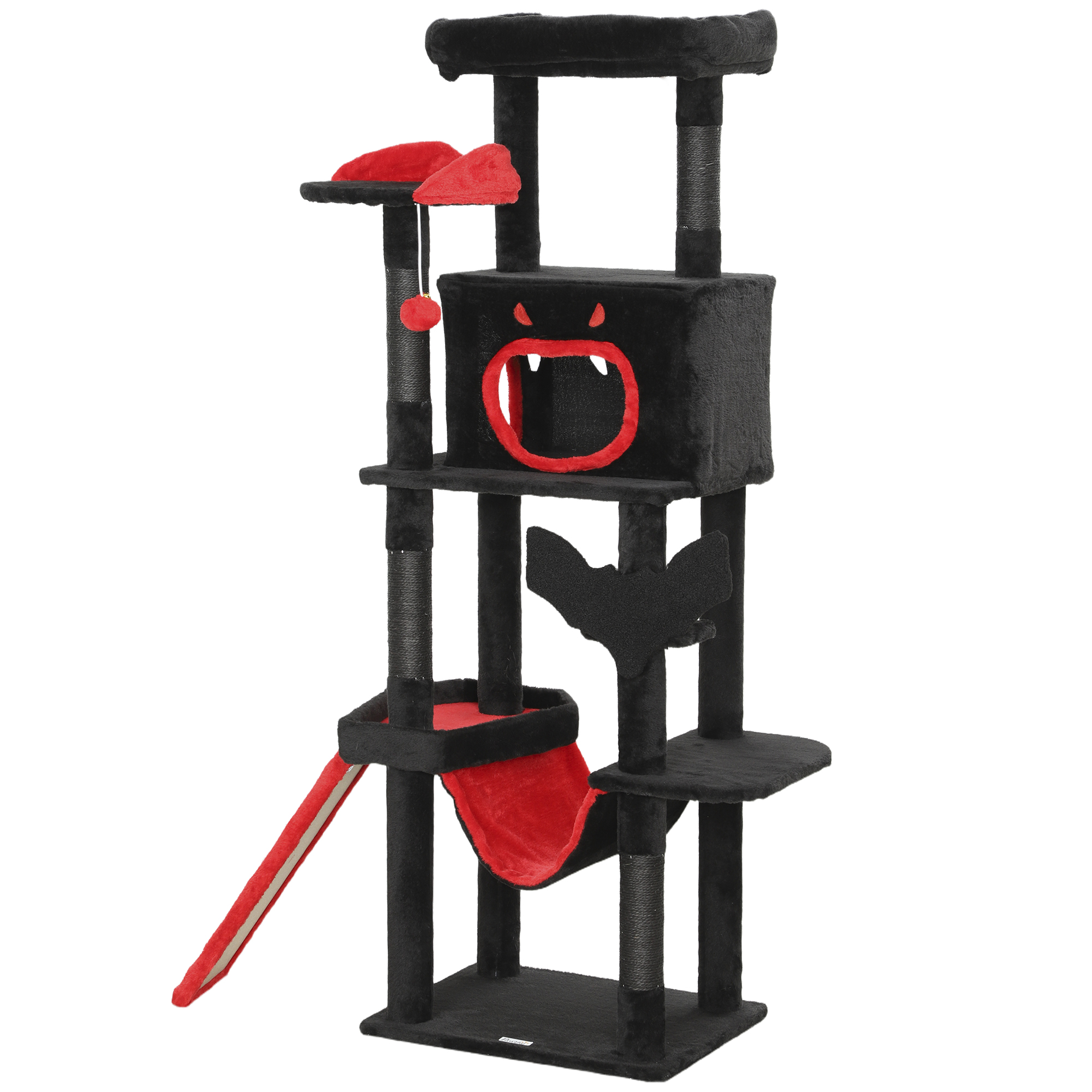 Gothic Cat Tree, 60" Tall Cat Tower with Coffin Bed, Sisal Scratching Posts & Ramp, Condo, Hammock, Perches, Black