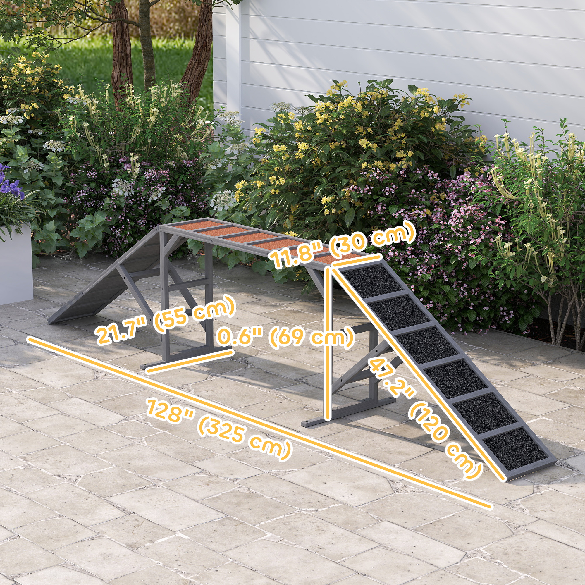 Dog Agility Equipment Ramp with Safety Bar, Non-slip Surface, for Walk and Pause Training, Gray