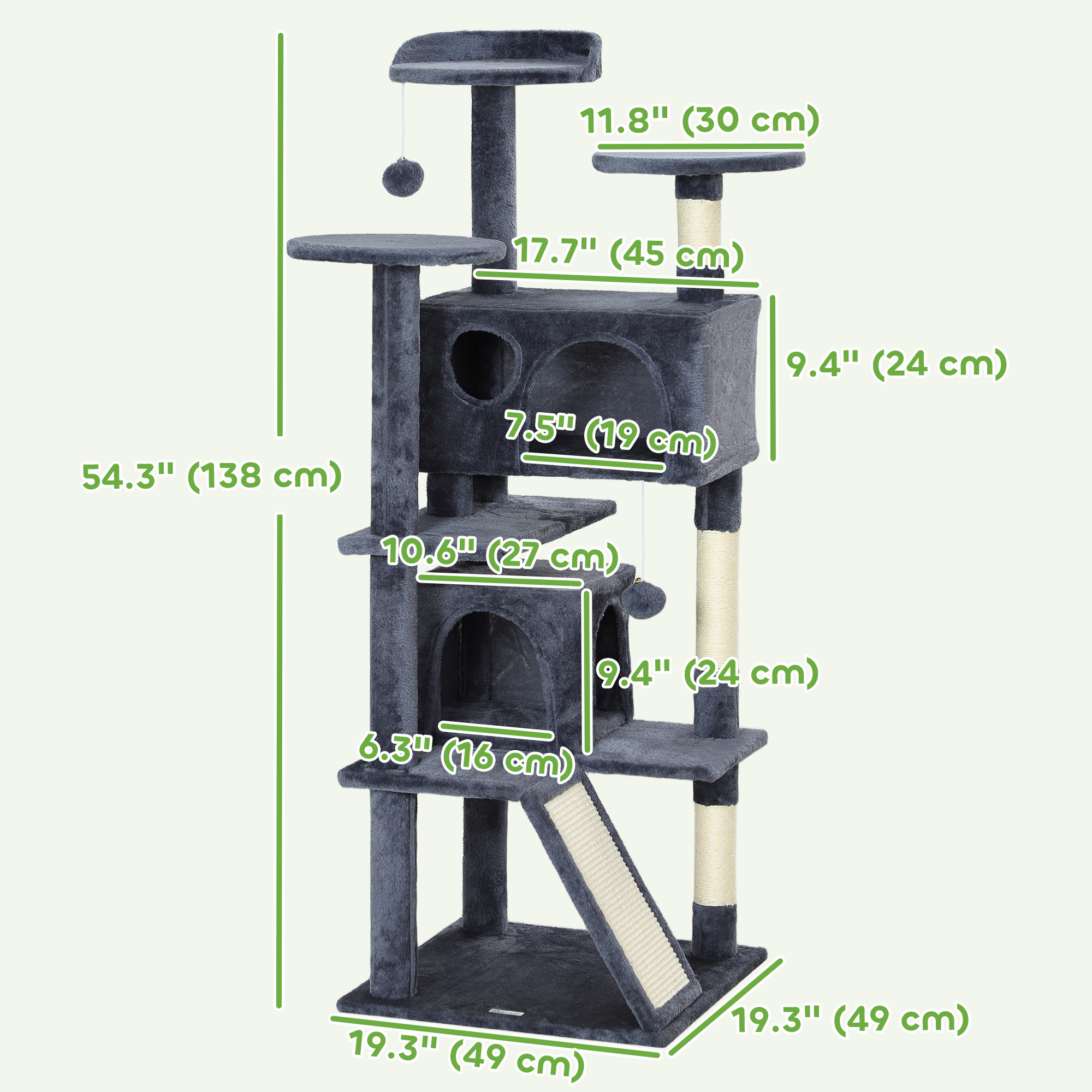 54" Cat Tree, Multi-Level Cat Tower with Scratching Posts, Cat Condos, Bed, Platforms, Ramp, Toy Ball, Dark Grey
