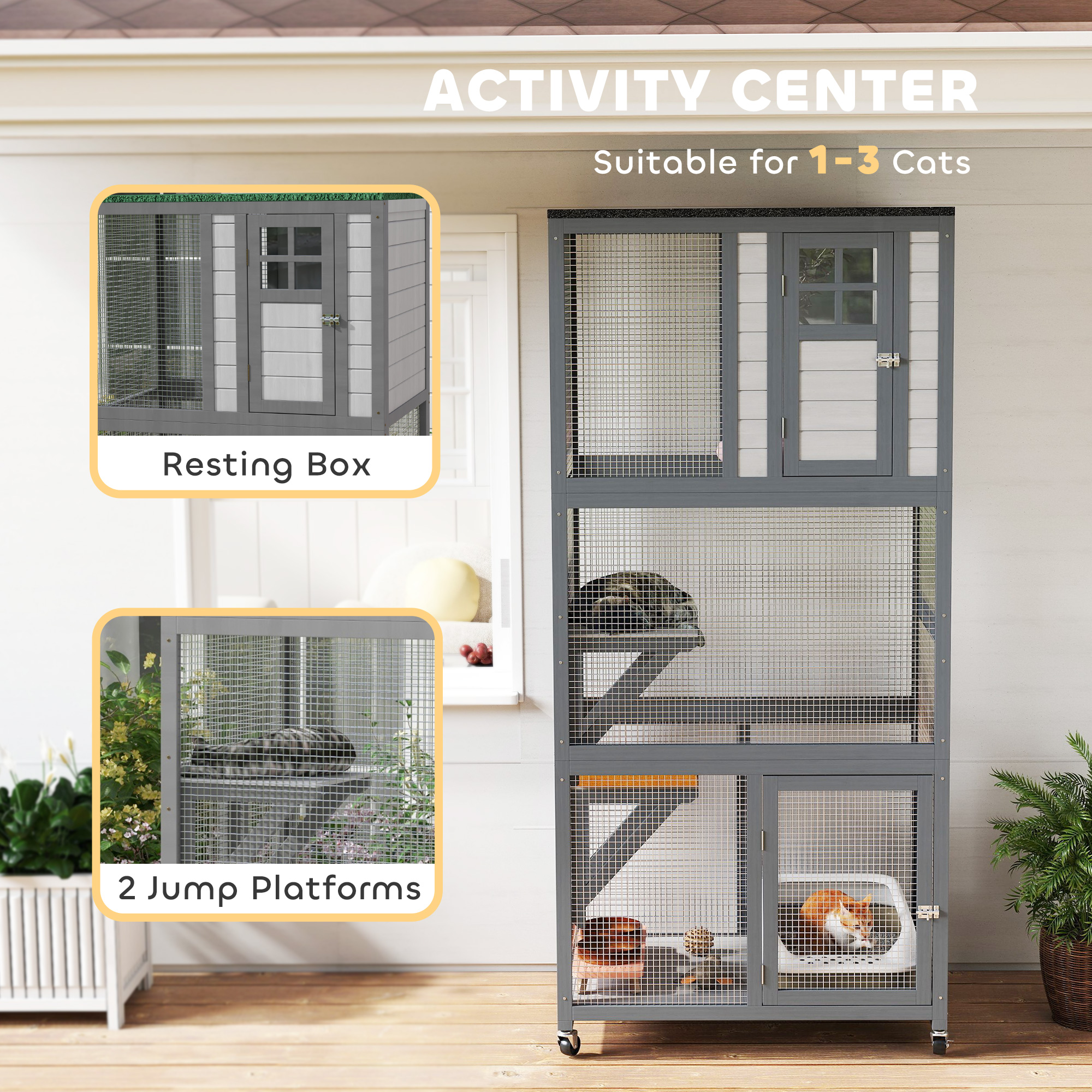 74" Wooden Outdoor Cat House Weatherproof & Wheeled with High Weight Capacity, Kitten Cage Condo, Light Grey