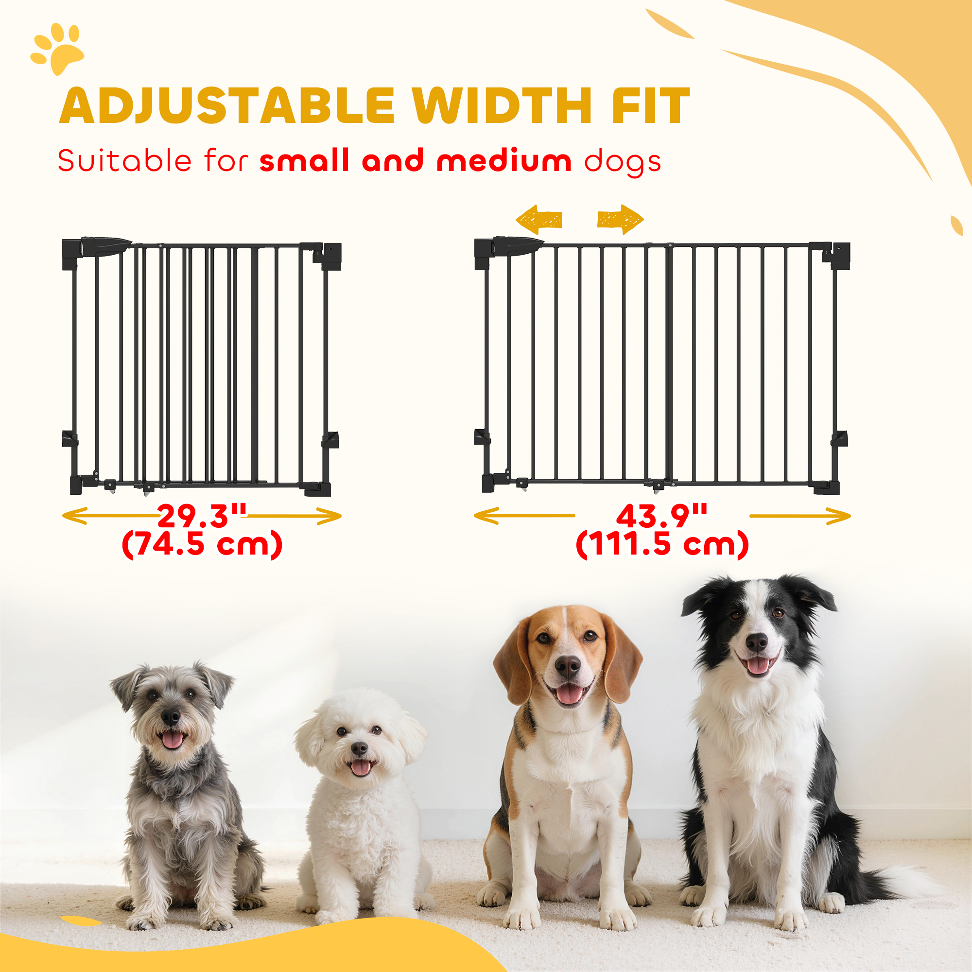29"-44" Wide Dog Gate, 29" H, Pet Gate with Auto-Close, Single Hand Operation, Wall-Mounted, No-Threshold Design