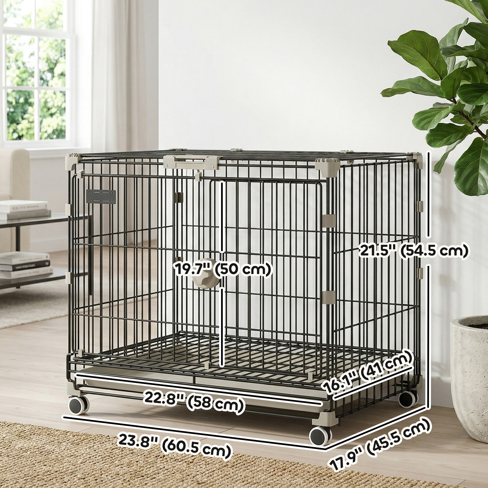 Dog Crate, 24 Inch Metal Dog Cage with Removable Tray, Lockable Wheels, 2 Doors for Small Breeds, Black