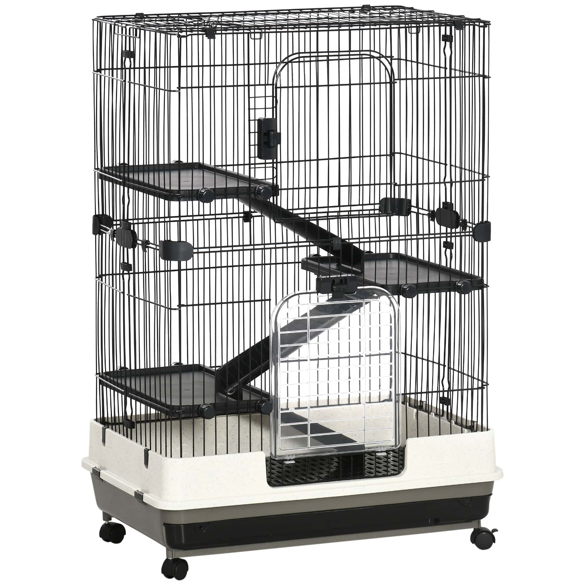 45"H Guinea Pig Cage, 4-Level Rabbit Cage for Ferret, Chinchilla, Hedghog, Bunny, Small Animal Habitat with Wheels, Slide-out Tray, Ramp, Black