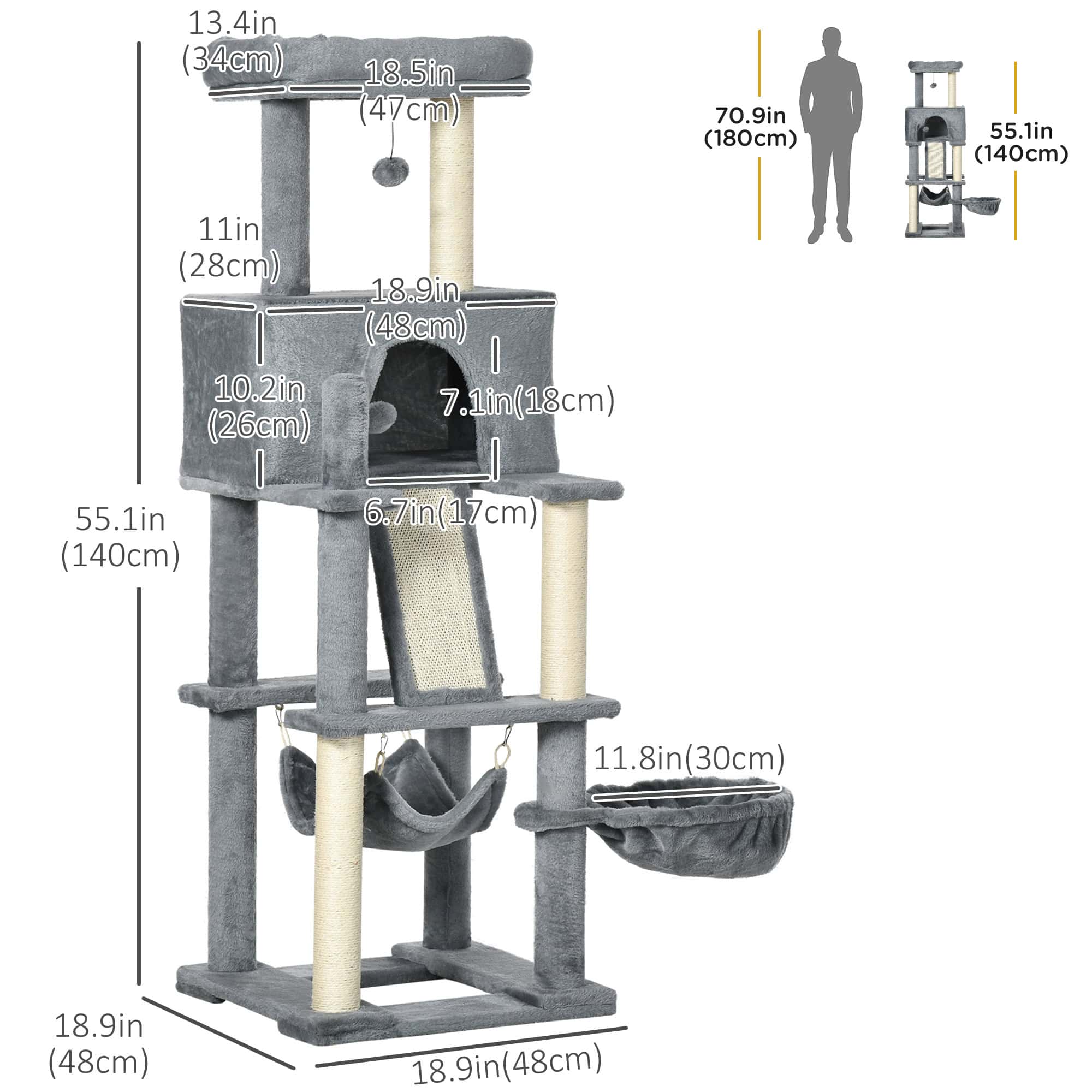 55" Cat Tree for Indoor Cats, Cat Tower, Kitty Activity Center with Cat Bed Ramp Condo Hammocks Hanging Ball Toys Sisal Rope Scratching Post, Grey