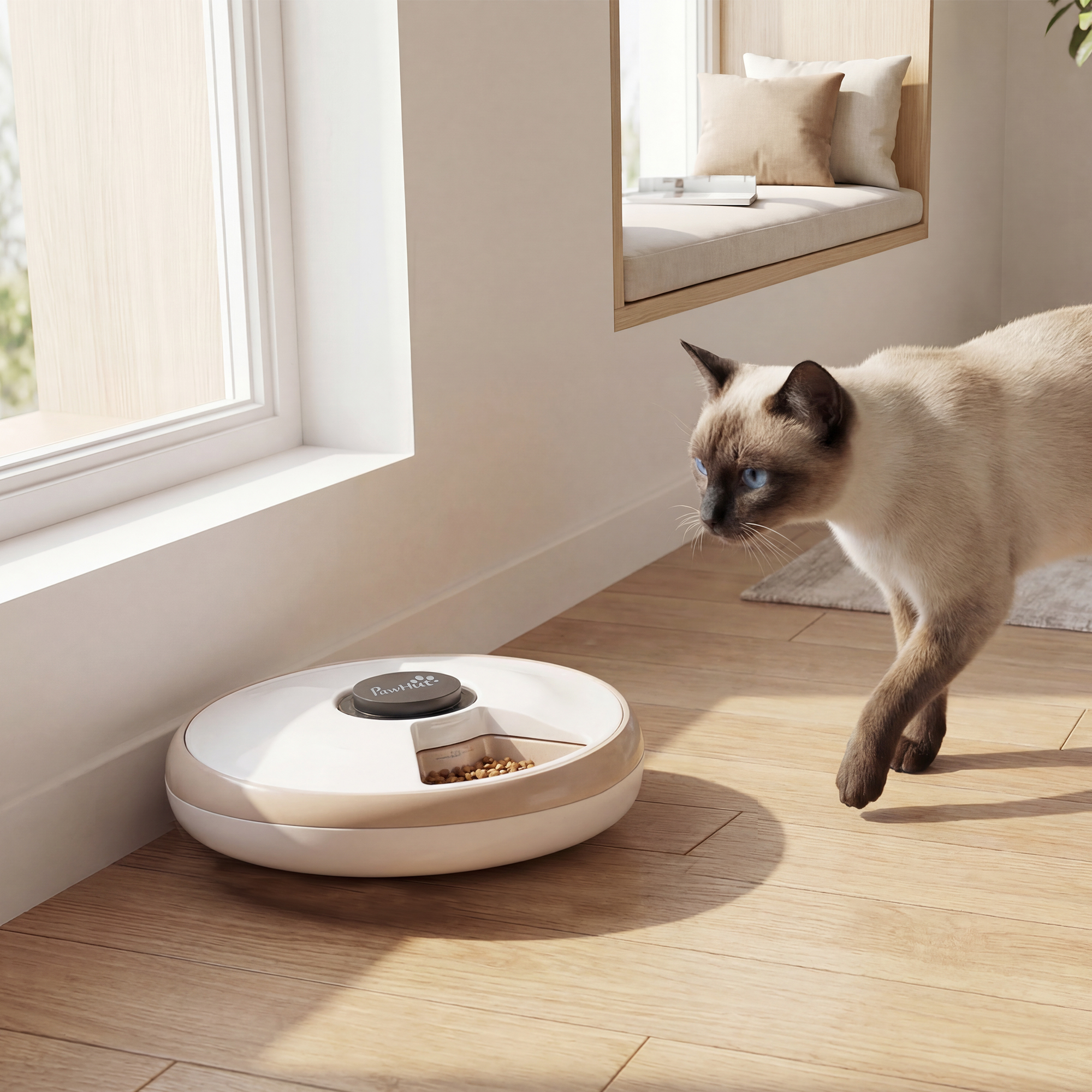 Automatic Cat Feeder for Dry Wet Food Timed Cat Dog Food Dispenser with 6 Trays 1 Ice Pack Battery Powered Light Brown