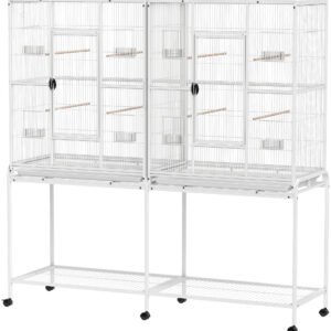 64" Large Rolling Bird Cage Bird House with Detachable Rolling Stand, Storage Shelf, Wood Perch Food Container, White