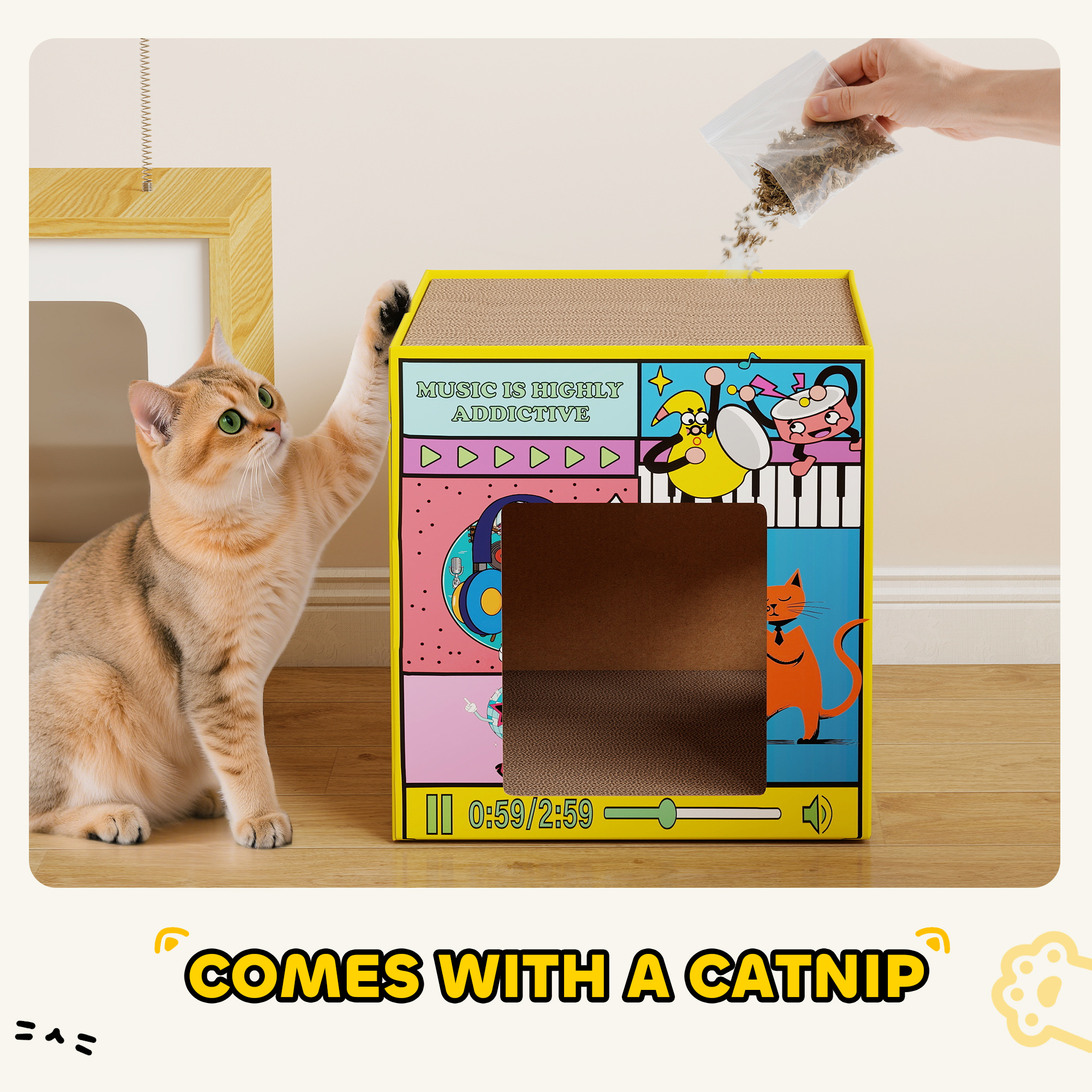 2 in 1 Cardboard Cat House, Cat Scratcher for Indoor Cats with Scratching Board & Catnip