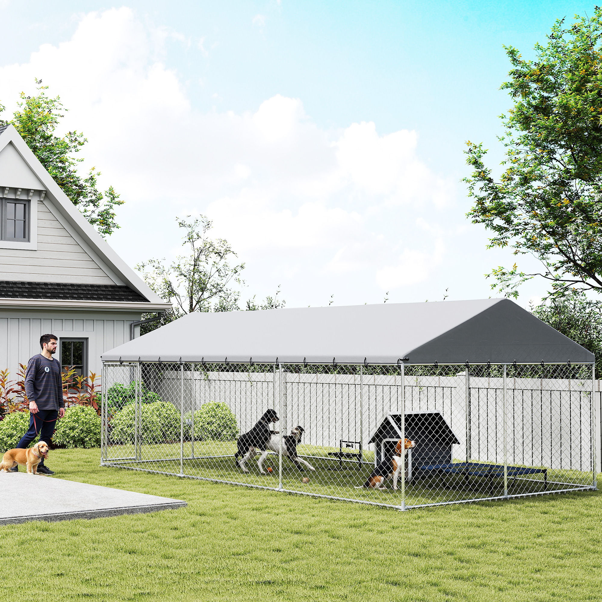 Galvanized Steel Outdoor Dog Kennel with Roof, Safety Locks, for Backyard, 19.7' x 9.8' x 7.1'