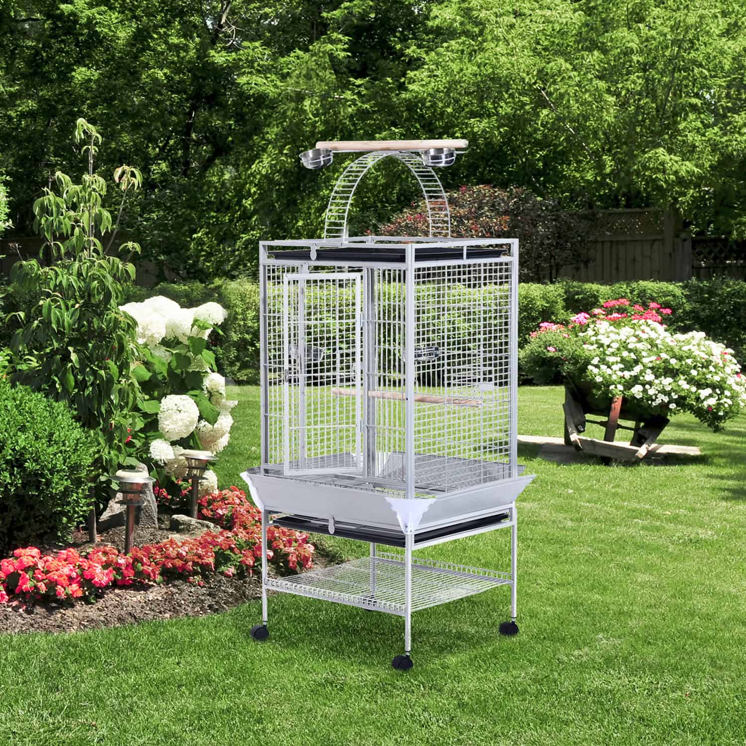 63" Large Bird Parrot Cage Stand Finch Feeder Play Top House Perch Bowl Wheels, Silver - Image 8