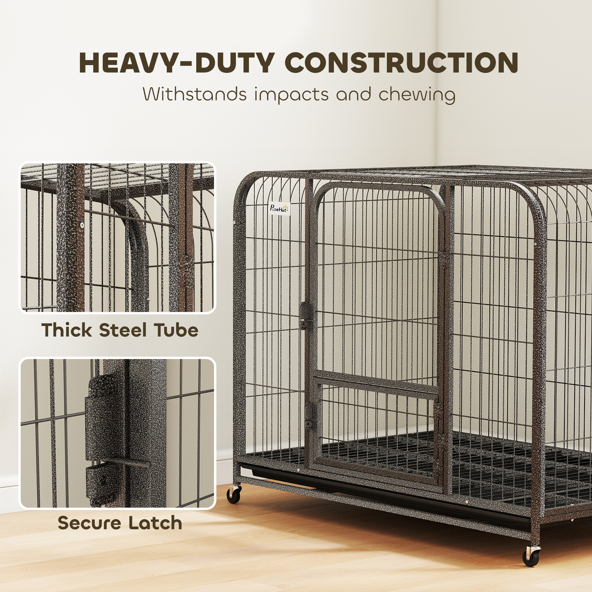 43 Inch Heavy Duty Dog Crate, Extra Large Metal Dog Cage with Lockable Wheels and Removable Tray
