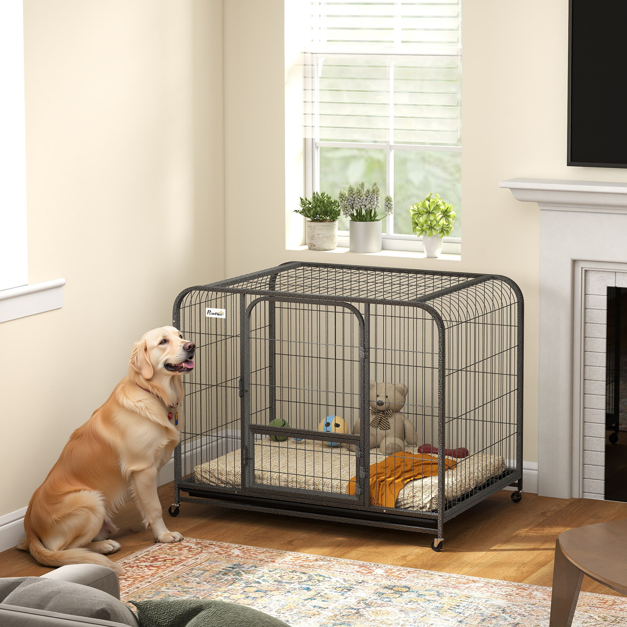 43 Inch Heavy Duty Dog Crate, Extra Large Metal Dog Cage with Lockable Wheels and Removable Tray