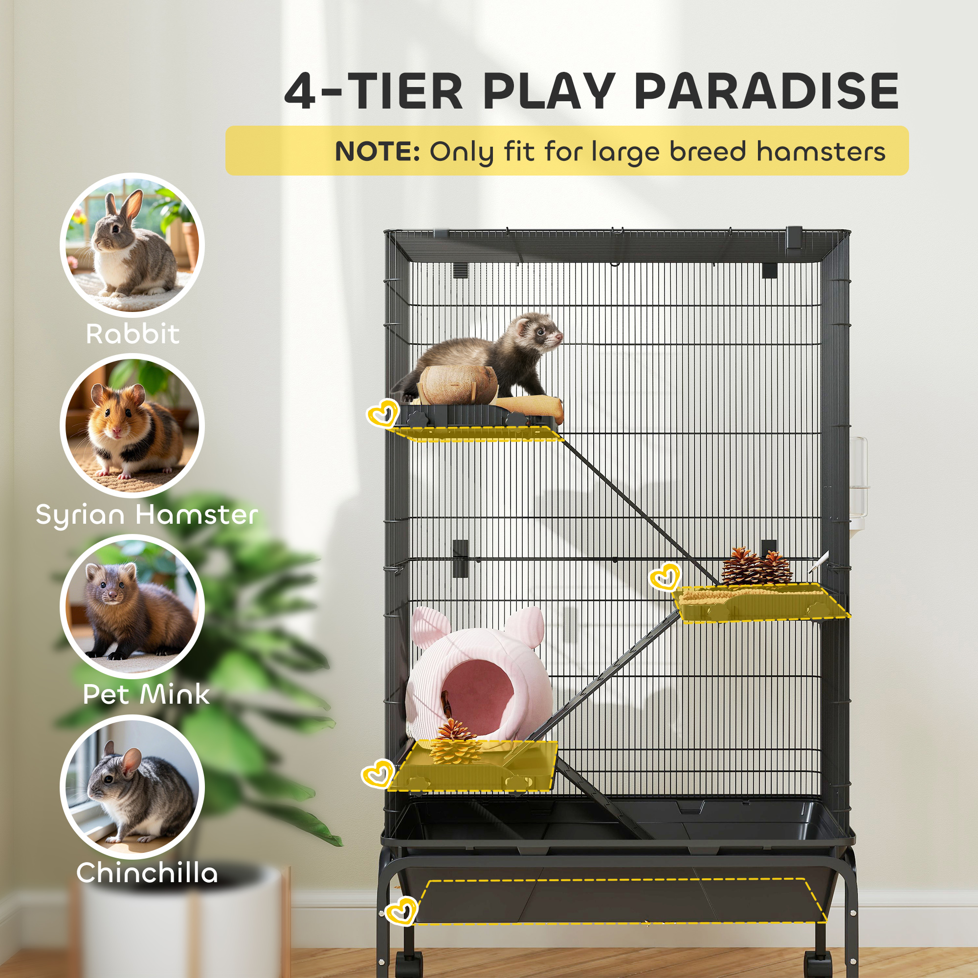 47"H Ferret Cage, Large 4-Tier Guinea Pig Cage with Wheels, Ramps, Bowl, Water Bottle & Removable Tray, Black - Image 4