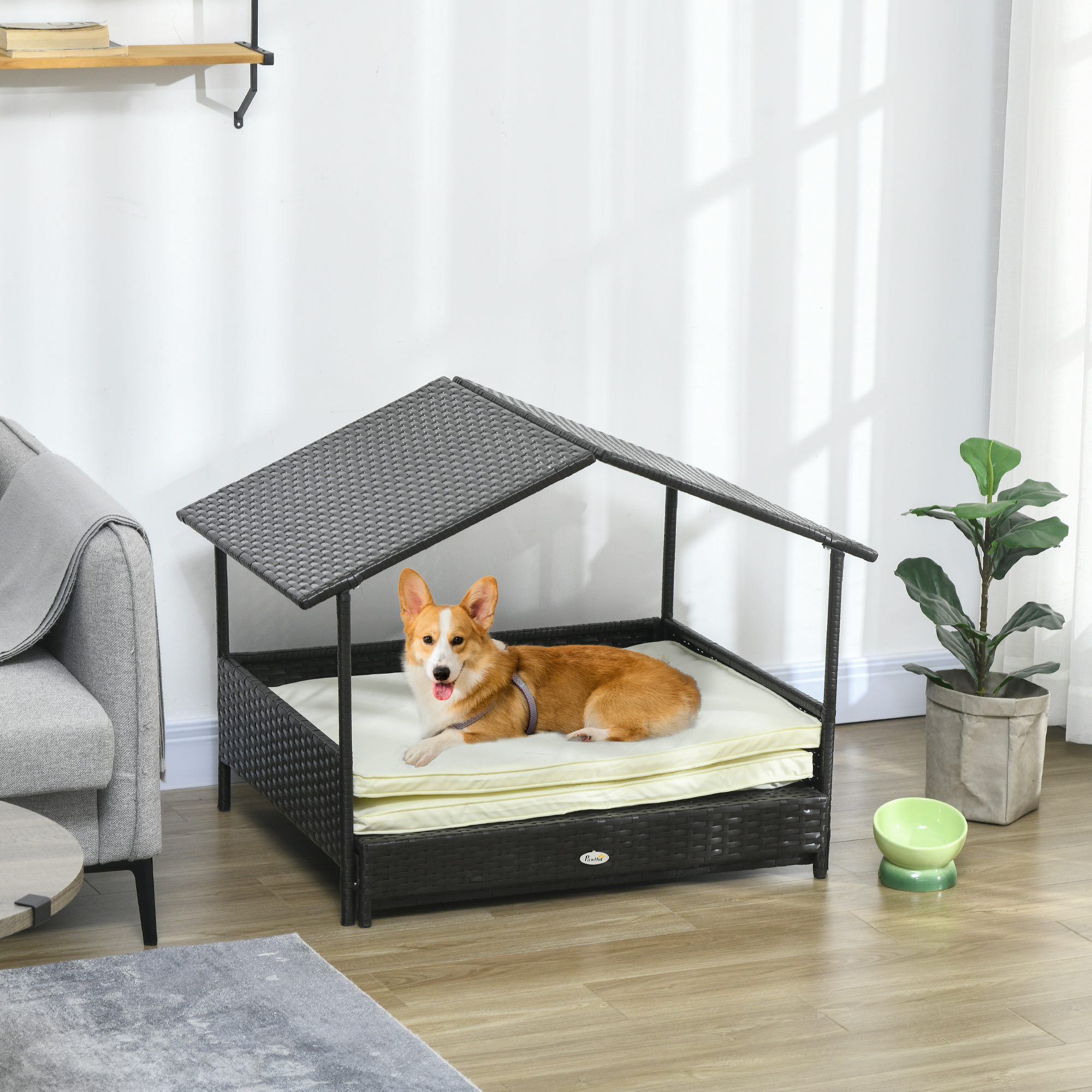 Rattan Dog House with Canopy, Wicker Dog Bed with Water-Resistant Cushion, for Small and Medium Breeds Cream White
