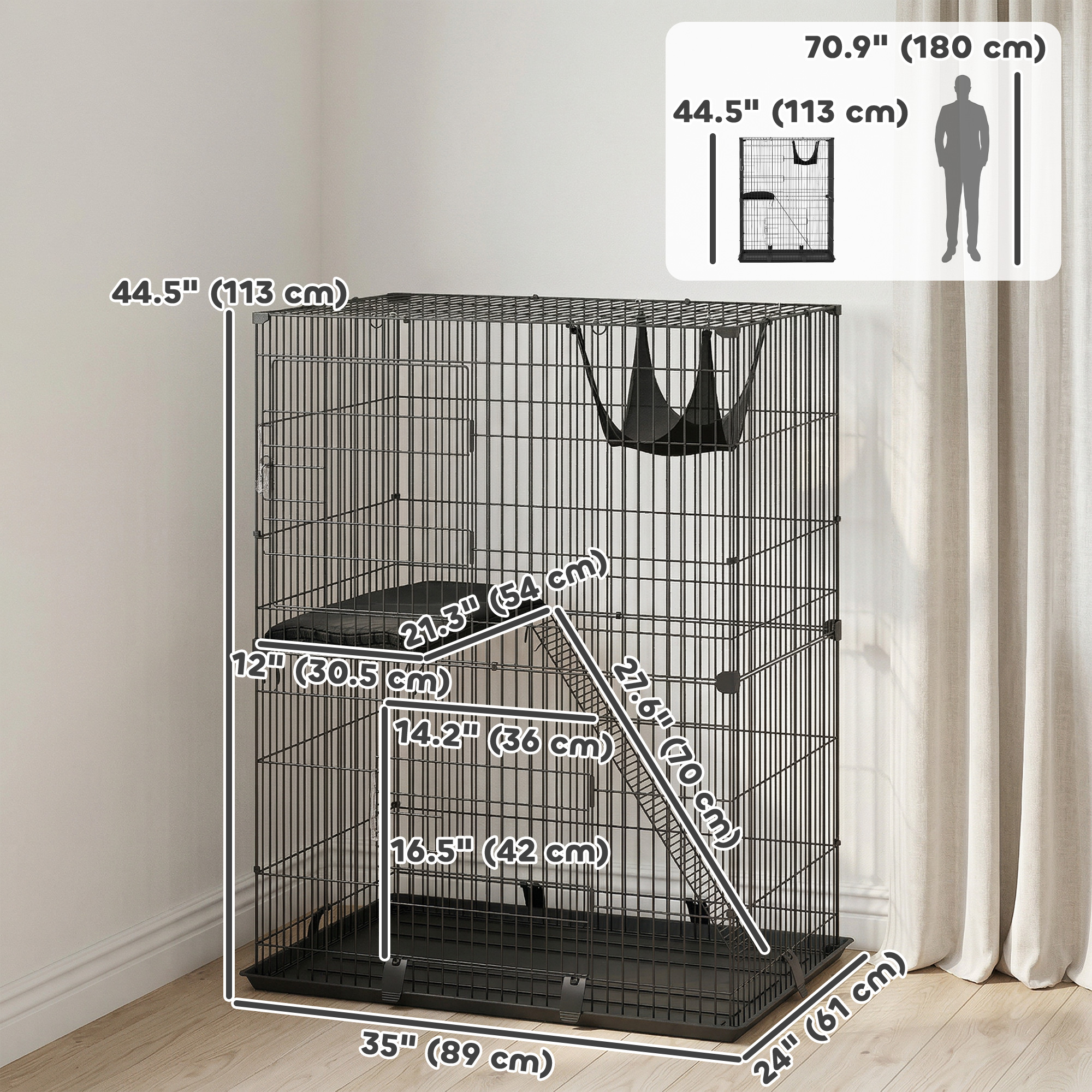 2-Tier Cat Cage Indoor, Detachable Metal Wire Kennel with Hammock, Platform, Tray and Cushion for 1-2 Kittens - Image 3