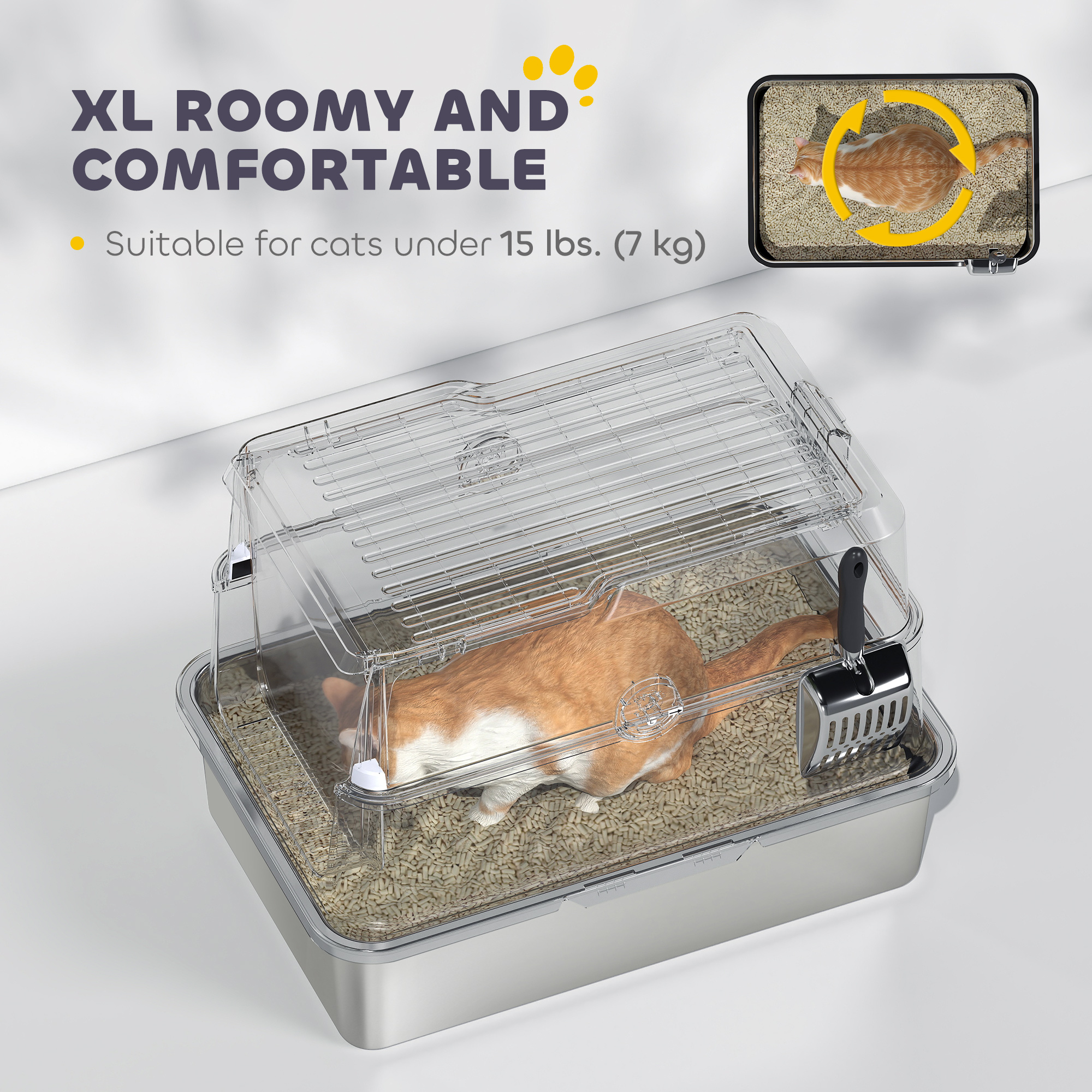 XL Stainless Steel Cat Litter Box for Big Cats with Flip Top, Scoop, Easy Clean & No Odors, Non-Sticky