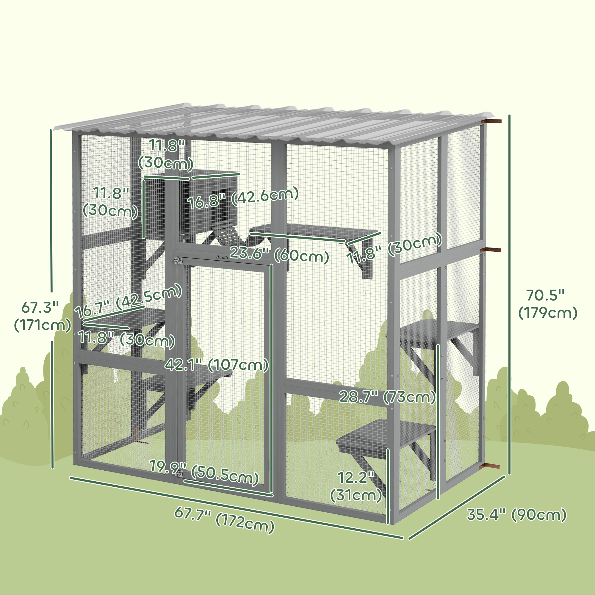 Large Outdoor Catio with Weatherproof Roof, Bridge, Resting Box, Platforms, Grey