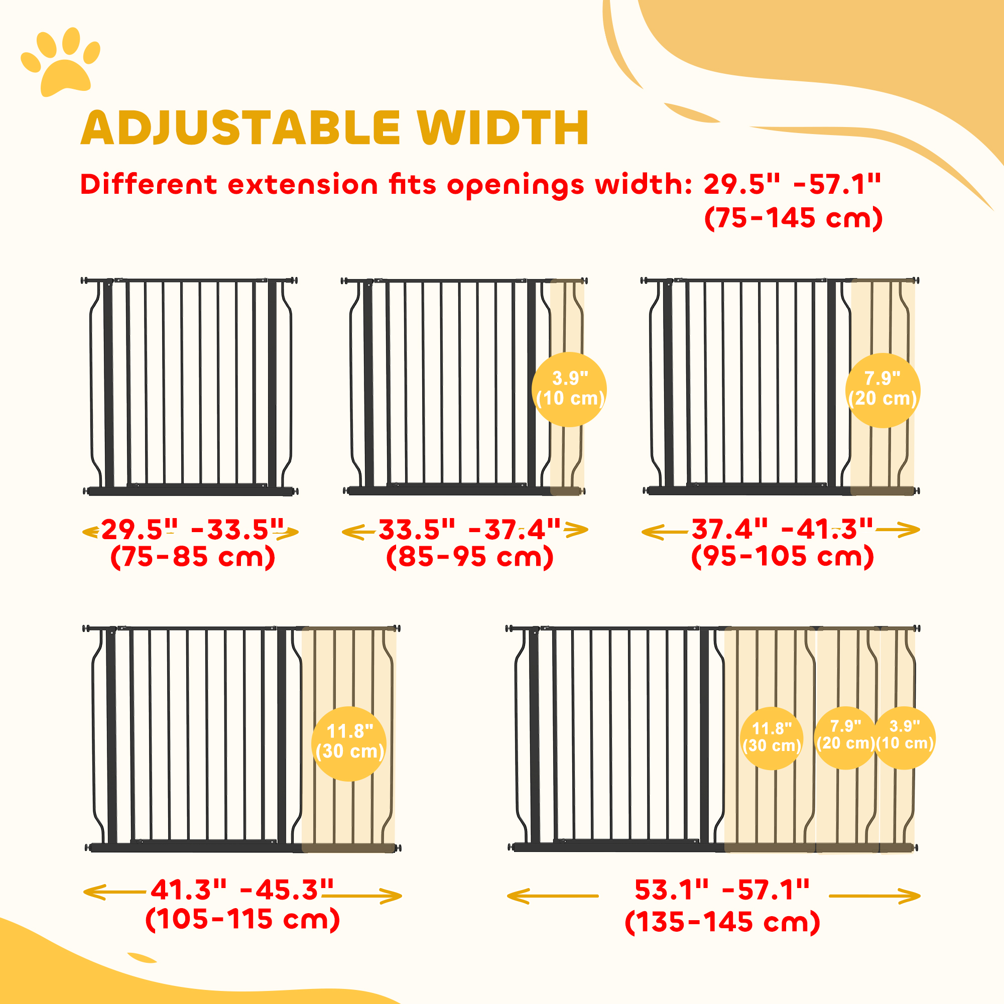 30"- 57" Easy Install Pet Gate w/ Door & Double Locking System, Extra Wide Dog Gate for Stairs, Hallways, Black
