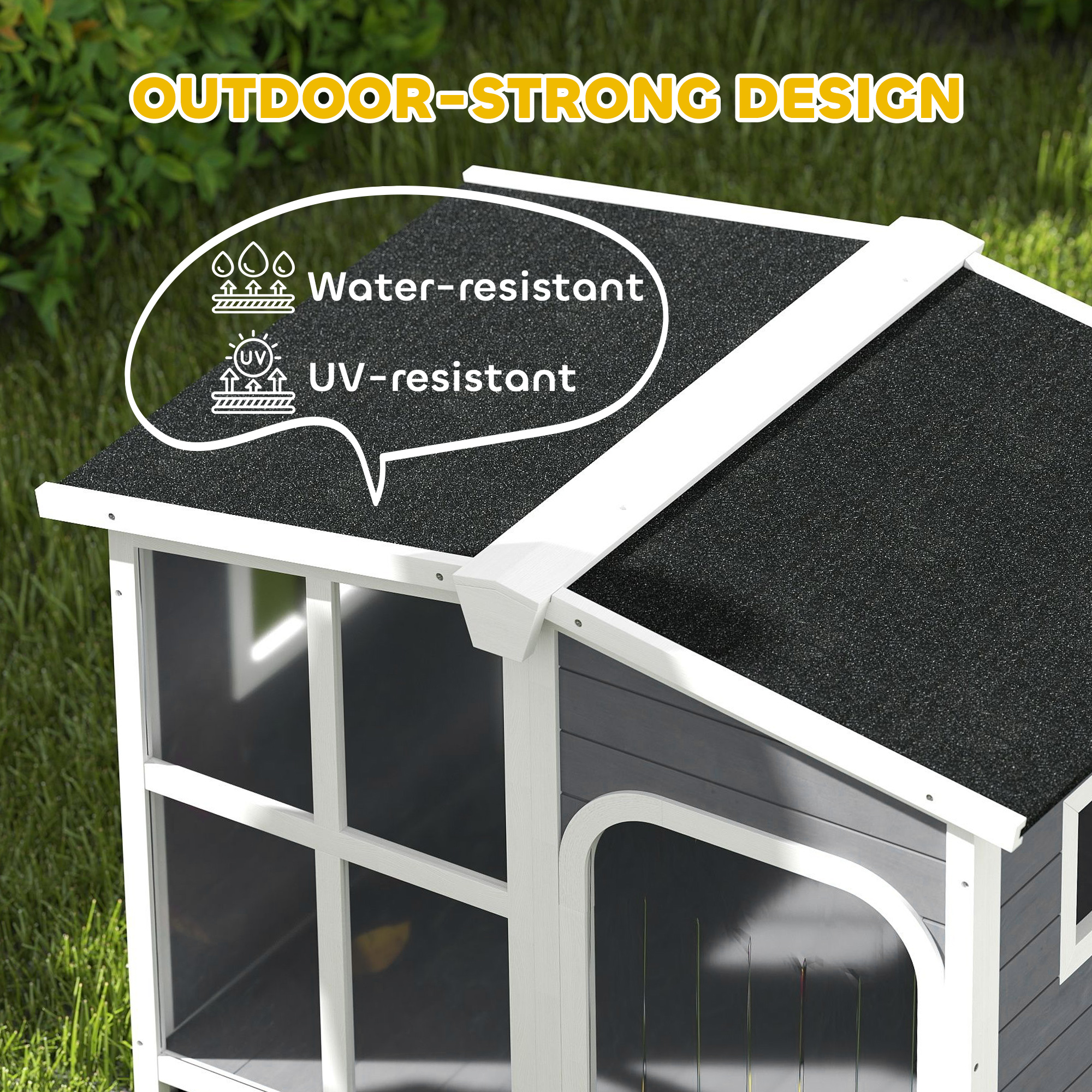 Wooden Dog House, Raised Pet Kennel with Removable Bottom, Openable Asphalt Roof, Door Curtain, Side Windows, Dark Grey