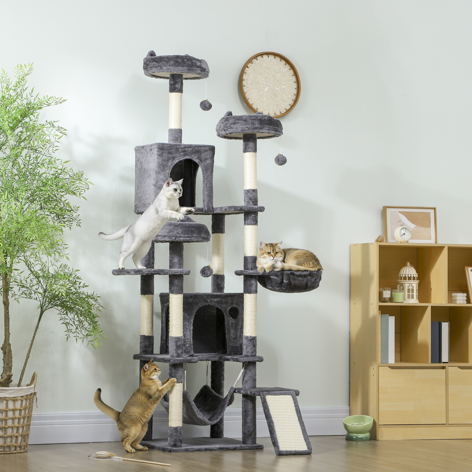 76" Large Cat Tree for Indoor Cats with 8 Scratching Posts, 3 Plush Beds, 2 Hammocks, 2 Large Condos, Ramp, Dark Grey