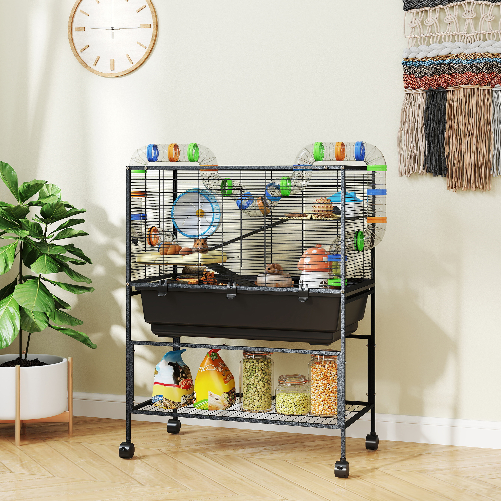 3 Tier Rolling Hamster Cage with 7" Deep Tray, Storage Shelf, Big Exercise Wheel, Tube System, for Syrian, Gerbil, Rat