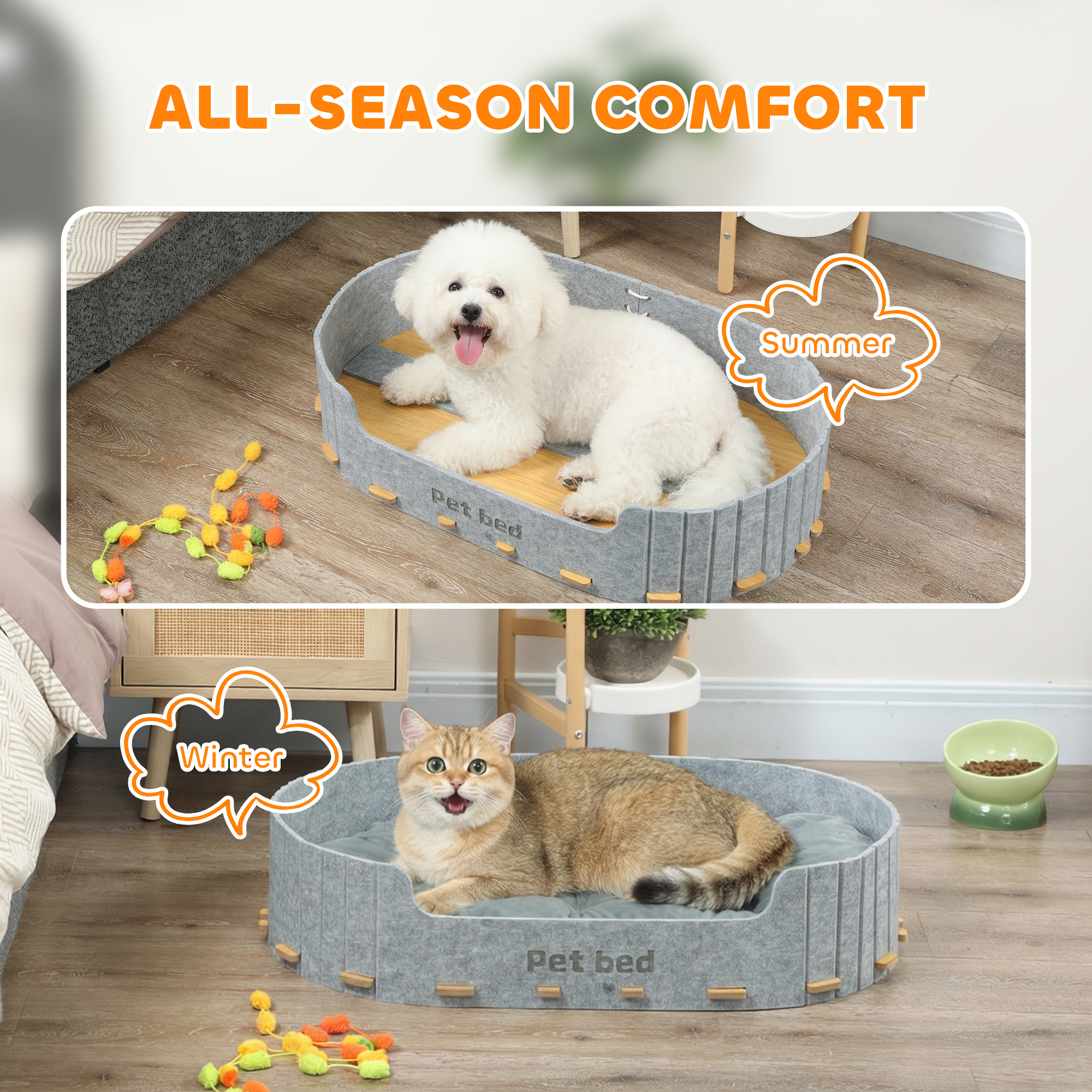 Dog Bed, Cat Bed with Washable Removable Cushion, Scratch-Resistant, Felt Cat Couch Sofa for Small Medium Dogs, Grey