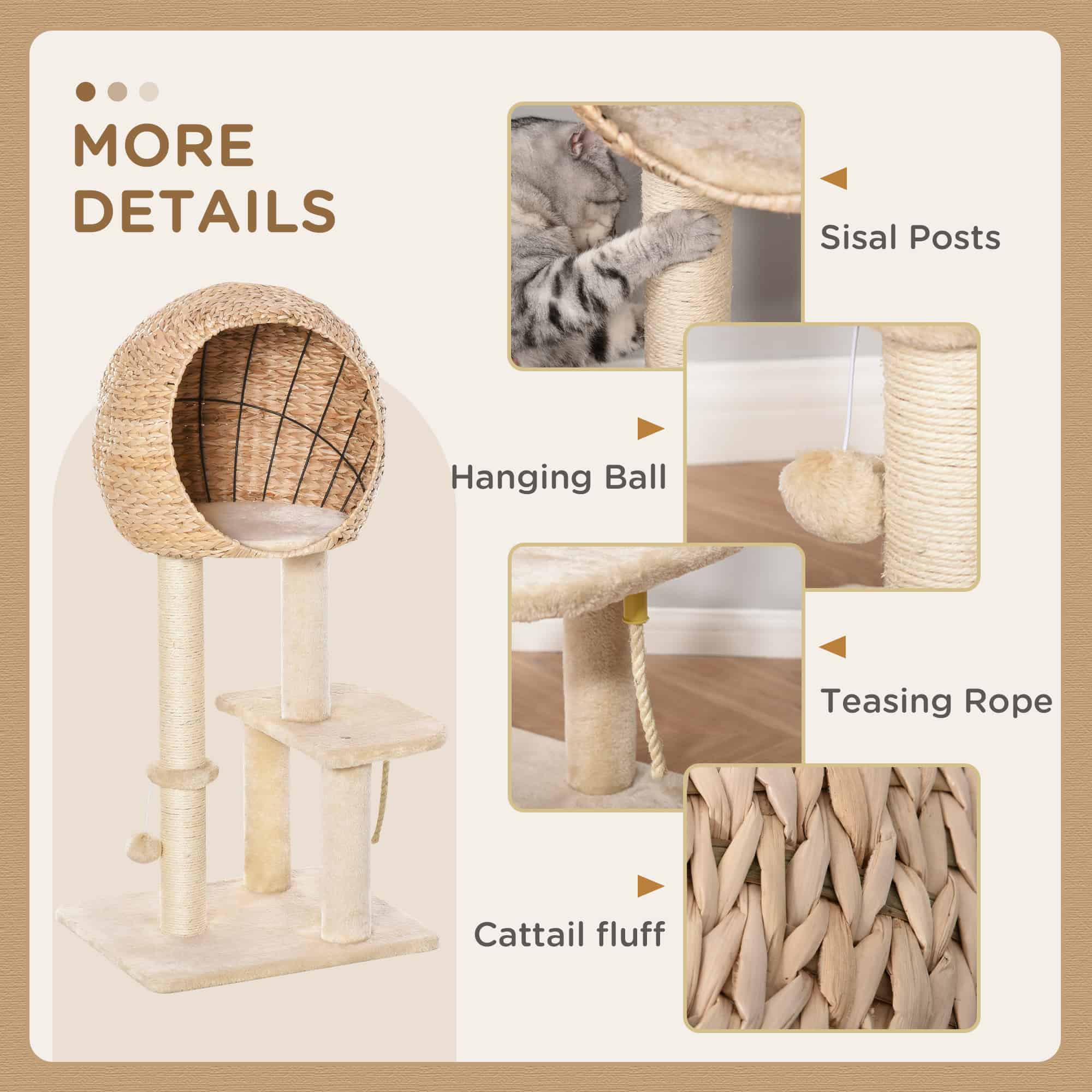 39" H Cat Tree with Sisal Scratching Post, Condo, Plush Perch, Hanging Rope and Hanging Ball, Beige