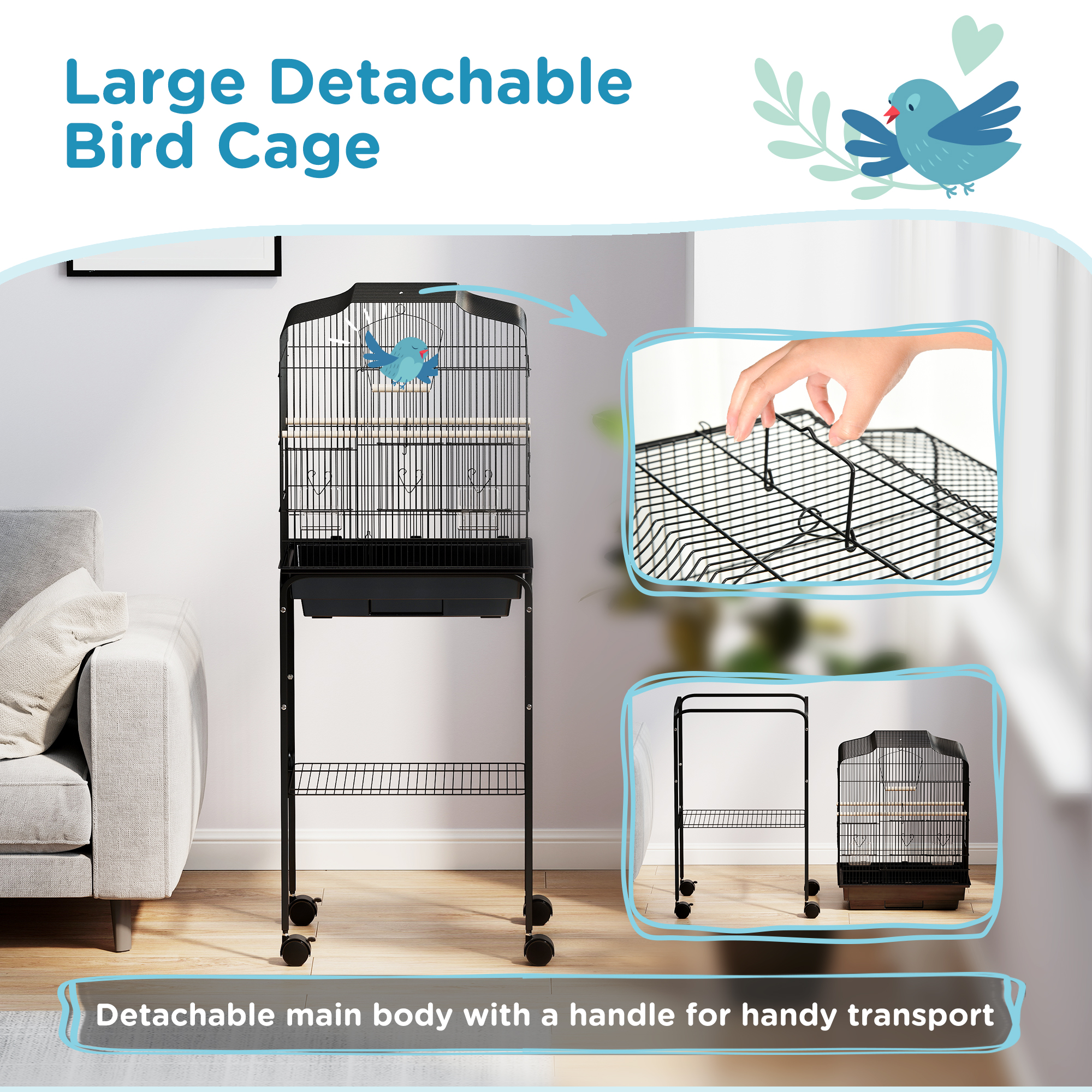 49" Rolling Bird Cage Cockatoo House Play Top Finch Pet Supply with Storage Shelf, Wheels - Black