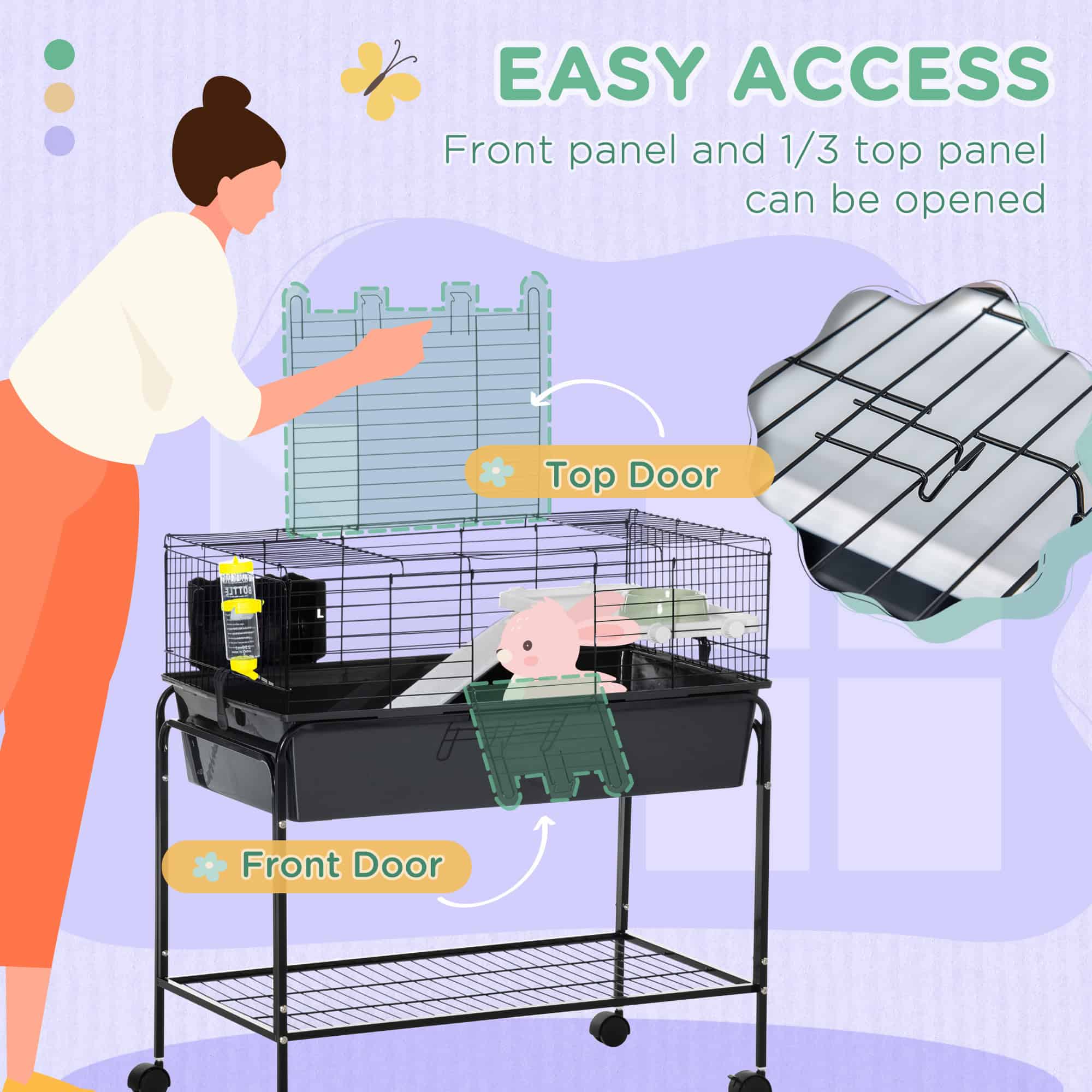 35" Small Animal Cage Rolling Guinea Pig Cage with Detachable Stand, Water Dispenser, Food Dish, Ramp, Wheels, Dark Grey
