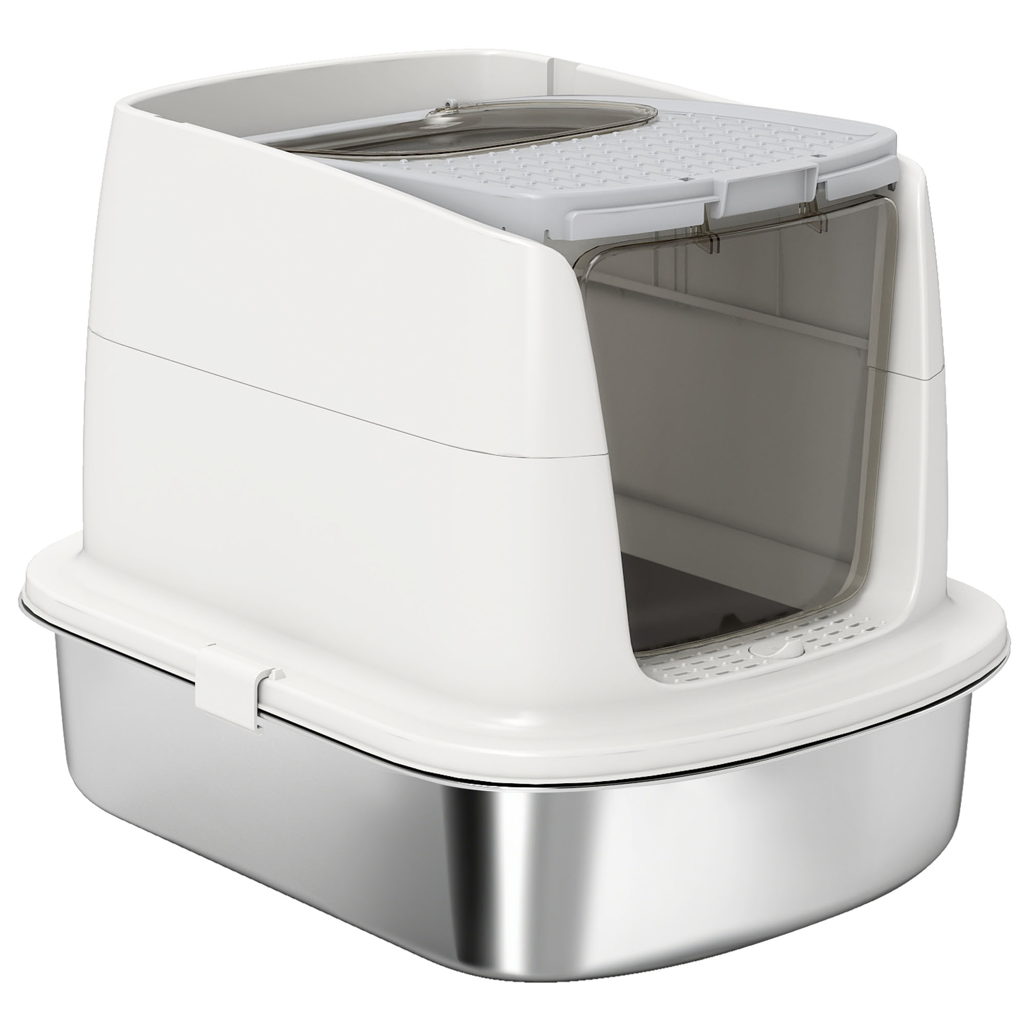Large Stainless Steel Litter Box, Enclosed Metal Cat Litter Tray with Scoop, Deodoriser Bag, Front-Entry and Top-Exit